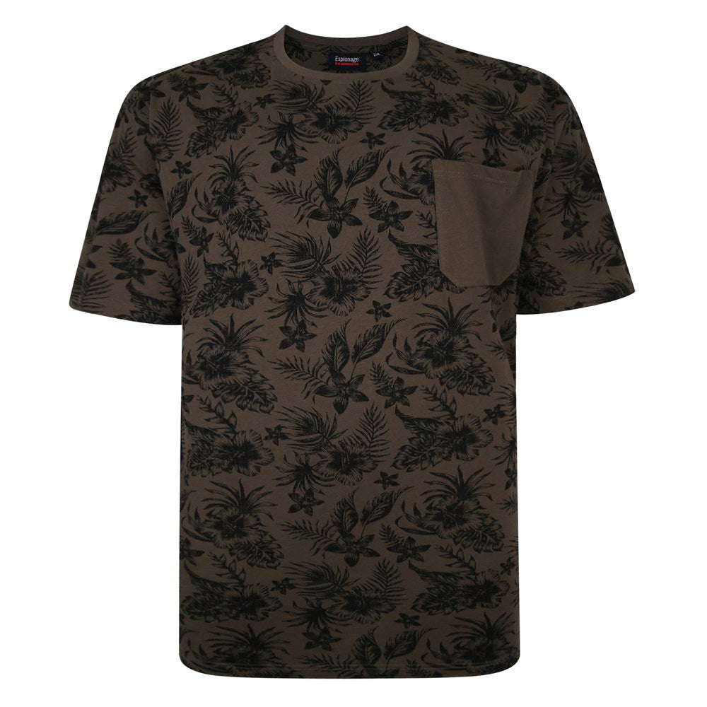 Espionage Mens Big Size All Over Hibiscus Print Tee With A Printed Chest Pocket (334)