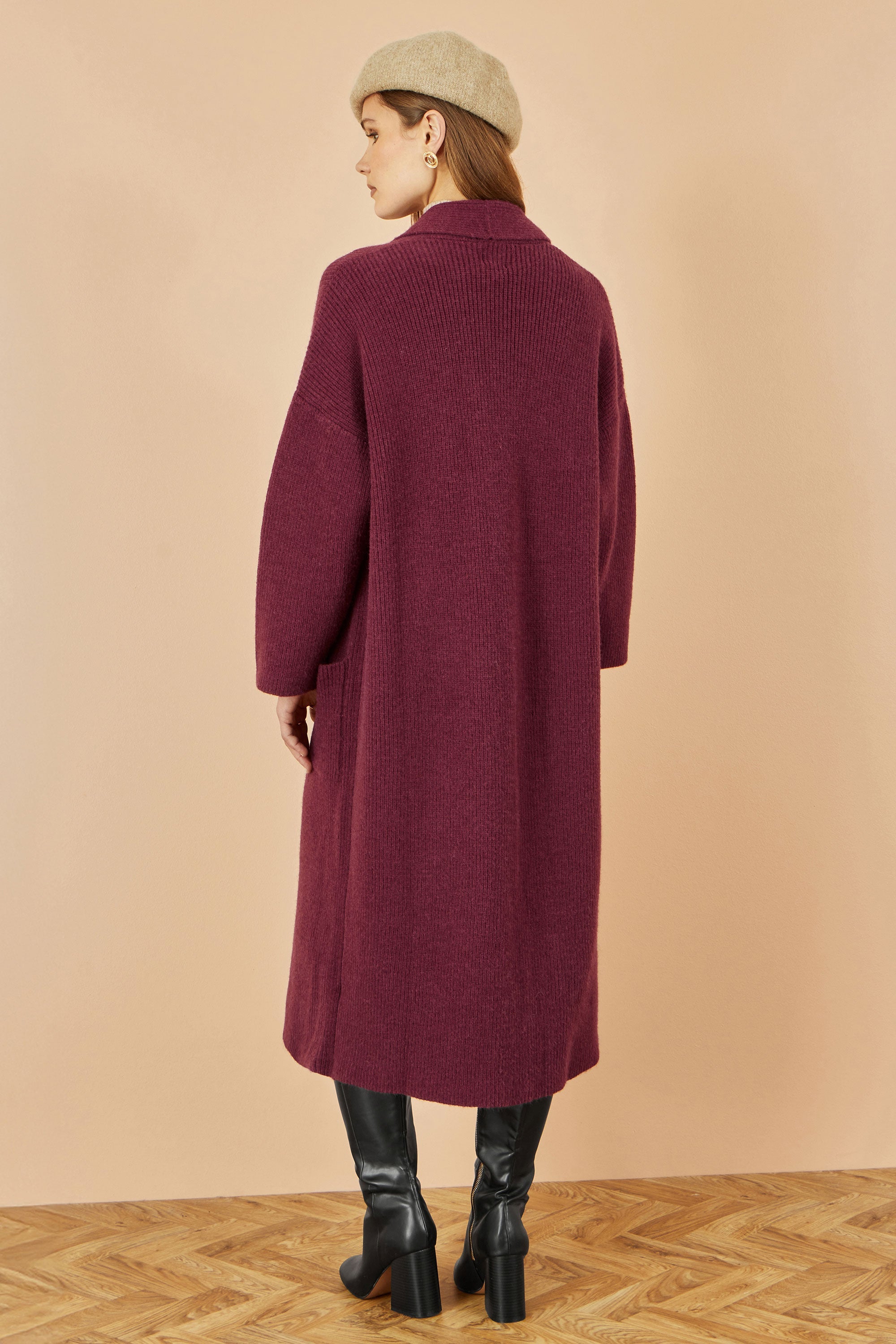 Yumi Burgundy Knitted Maxi Cardigan With Pockets