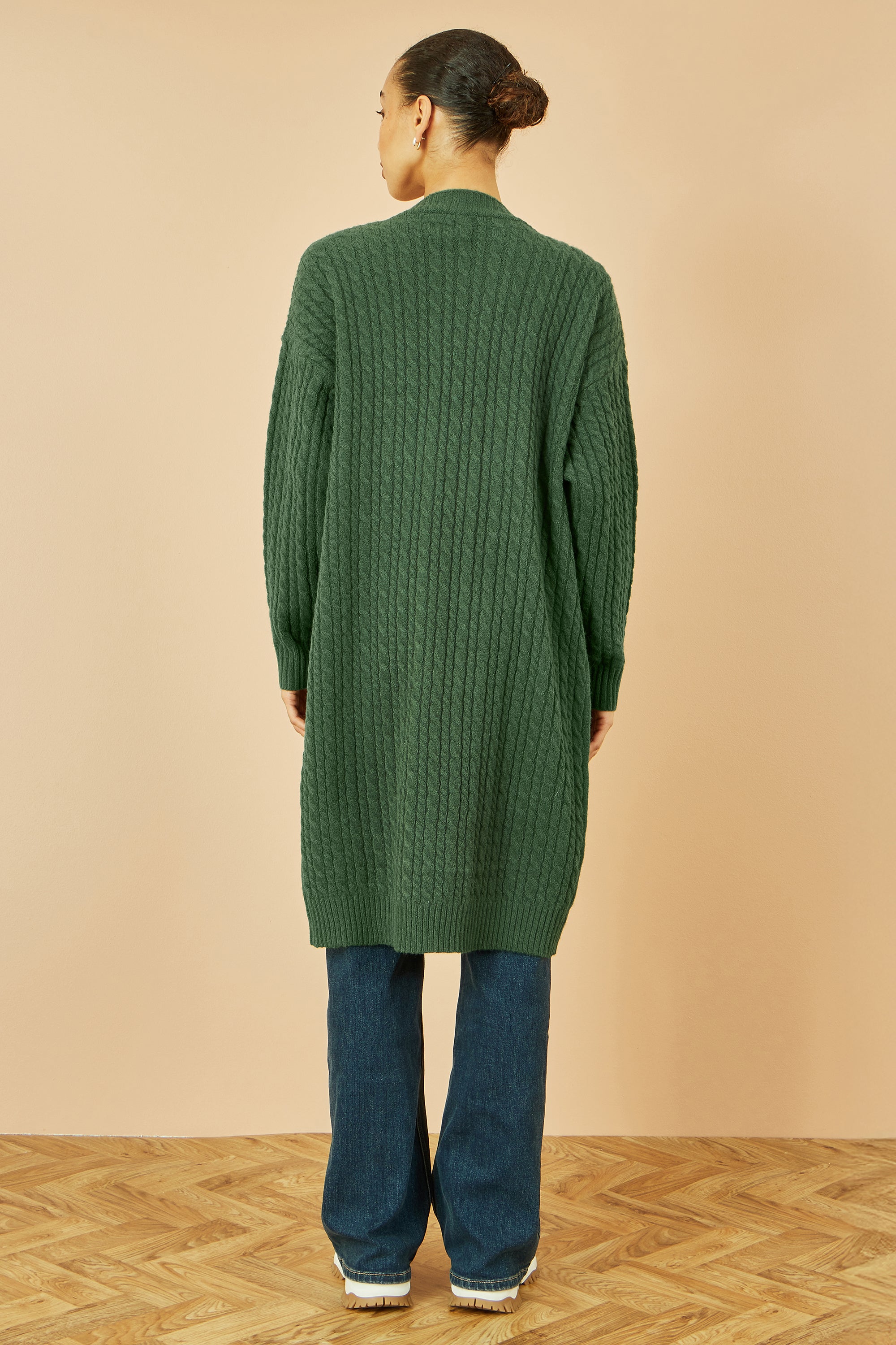 Yumi Green Cable Knit Edge to Edge Long Cardigan With Pockets