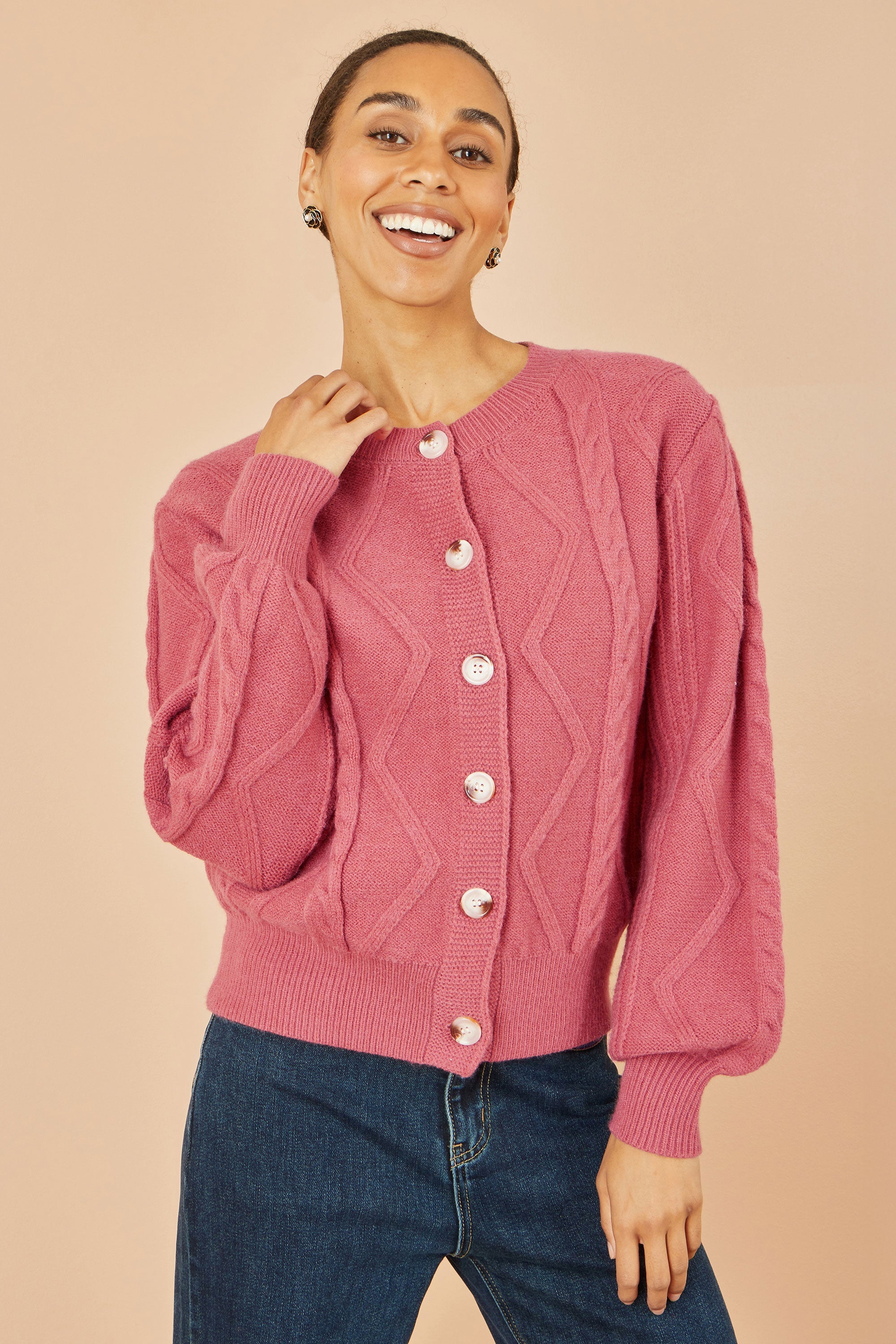 Yumi Pink Relaxed Fit Cable Cardigan