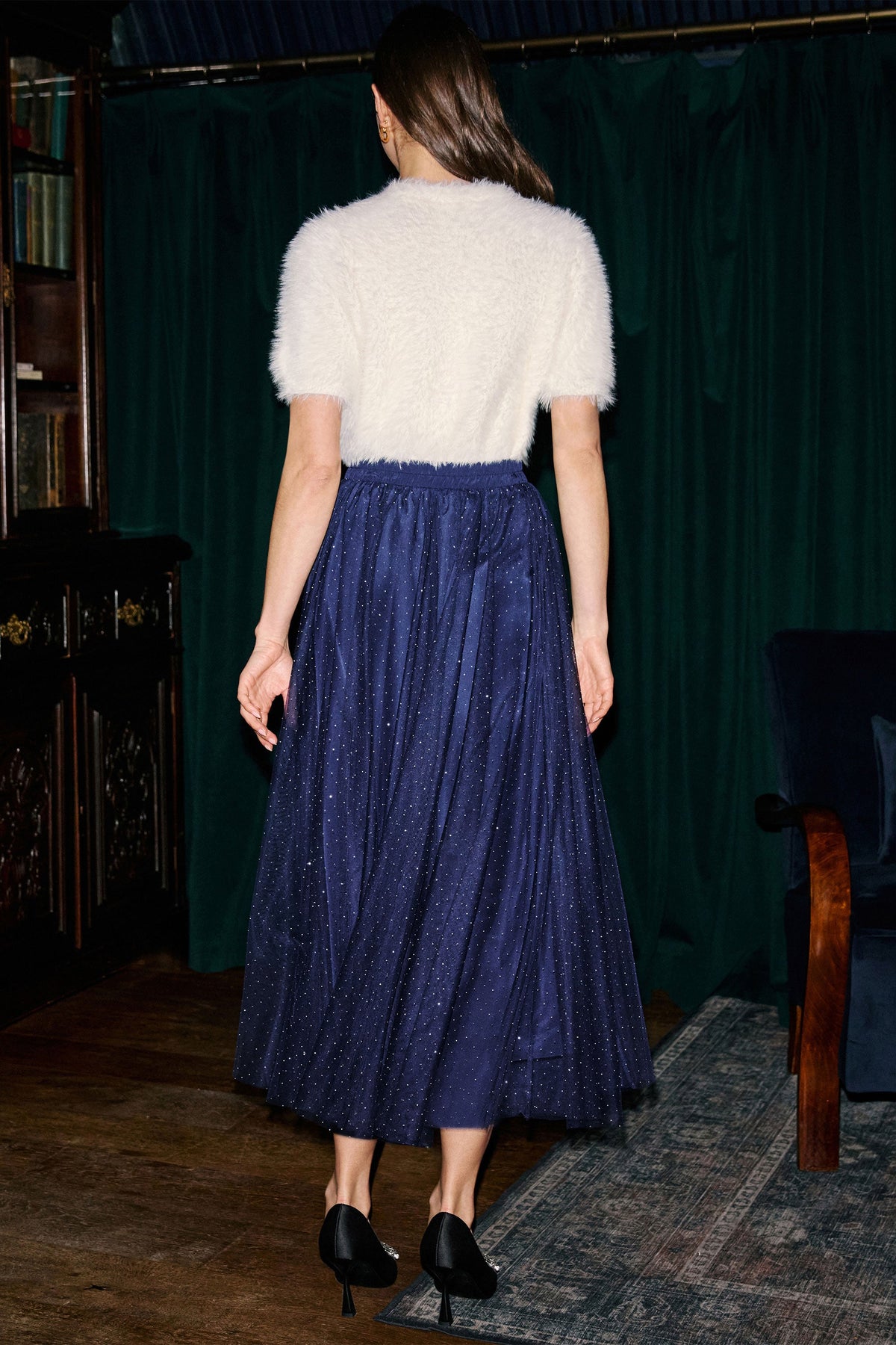 Yumi Women's Navy Diamante Tulle Midi Skirt with Elasticated Waistband