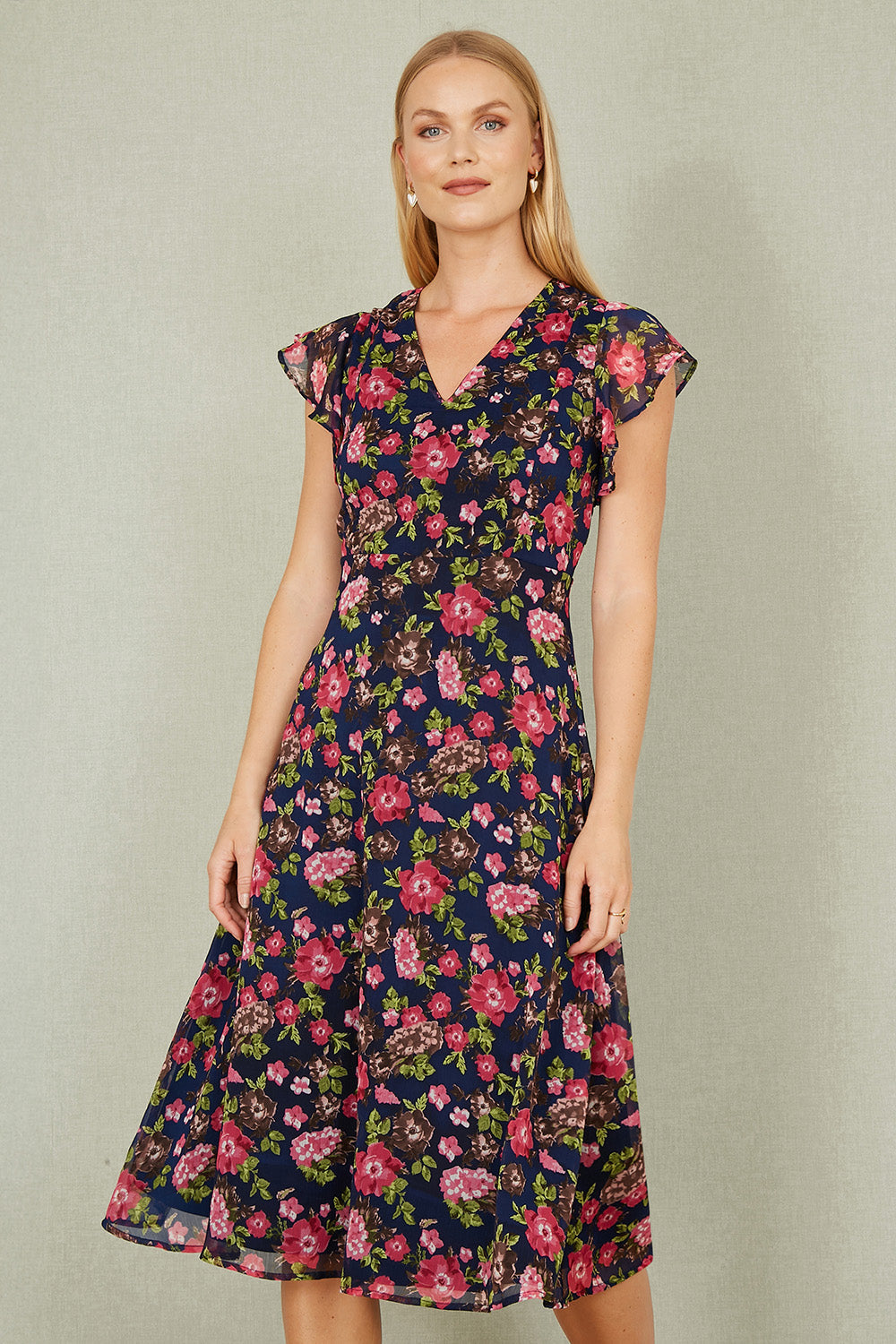 midi skater dress uk Yumi Navy Floral Midi Skater Dress – QHA UK