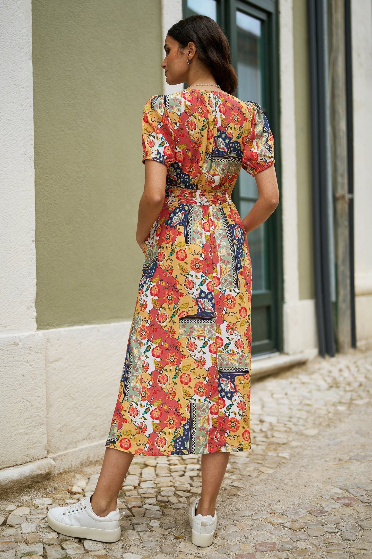 Yumi Multicolour Floral Patchwork Print Midi Shirt Dress - QHA UK