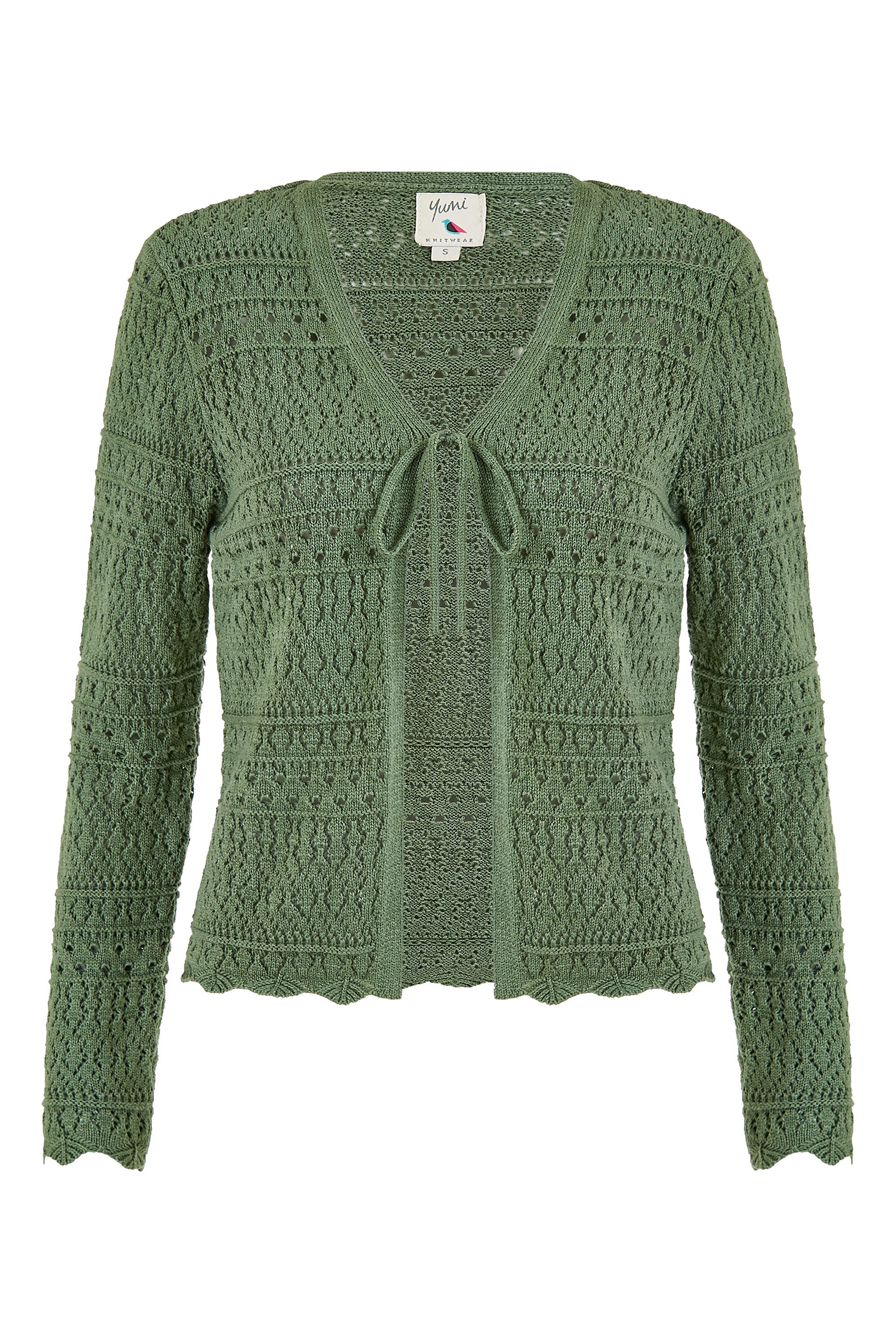 Yumi Green Crochet Tie Front Cardigan