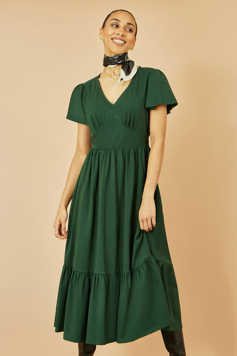 Yumi Green Cotton Jersey V Neck Midi Dress QHA UK Yumi Green Cotton Jersey V Neck Midi Dress QHA UK