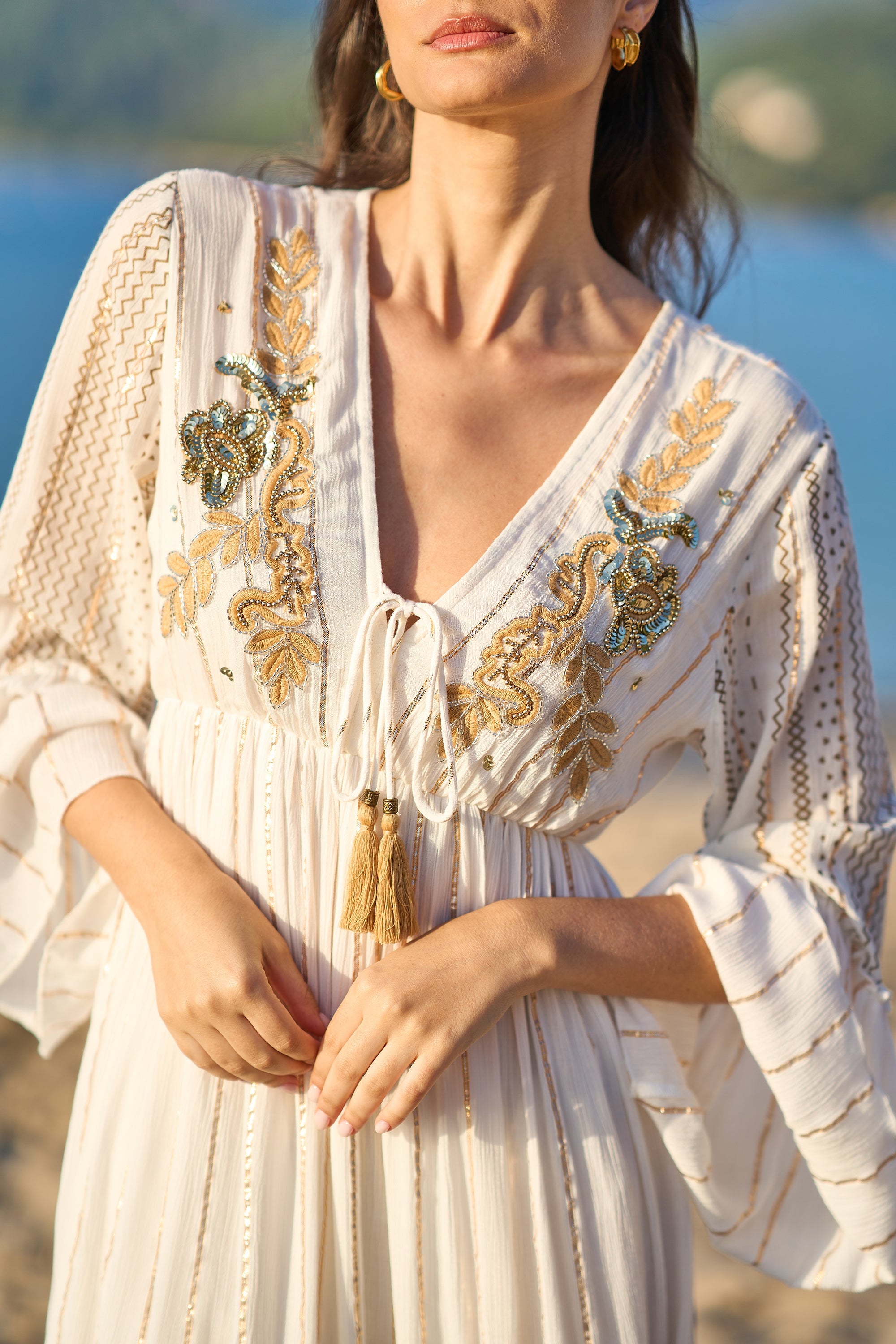 yumi long sleeve dress Yumi White Metallic Embellished Maxi Dress With Long Sleeves – QHA UK
