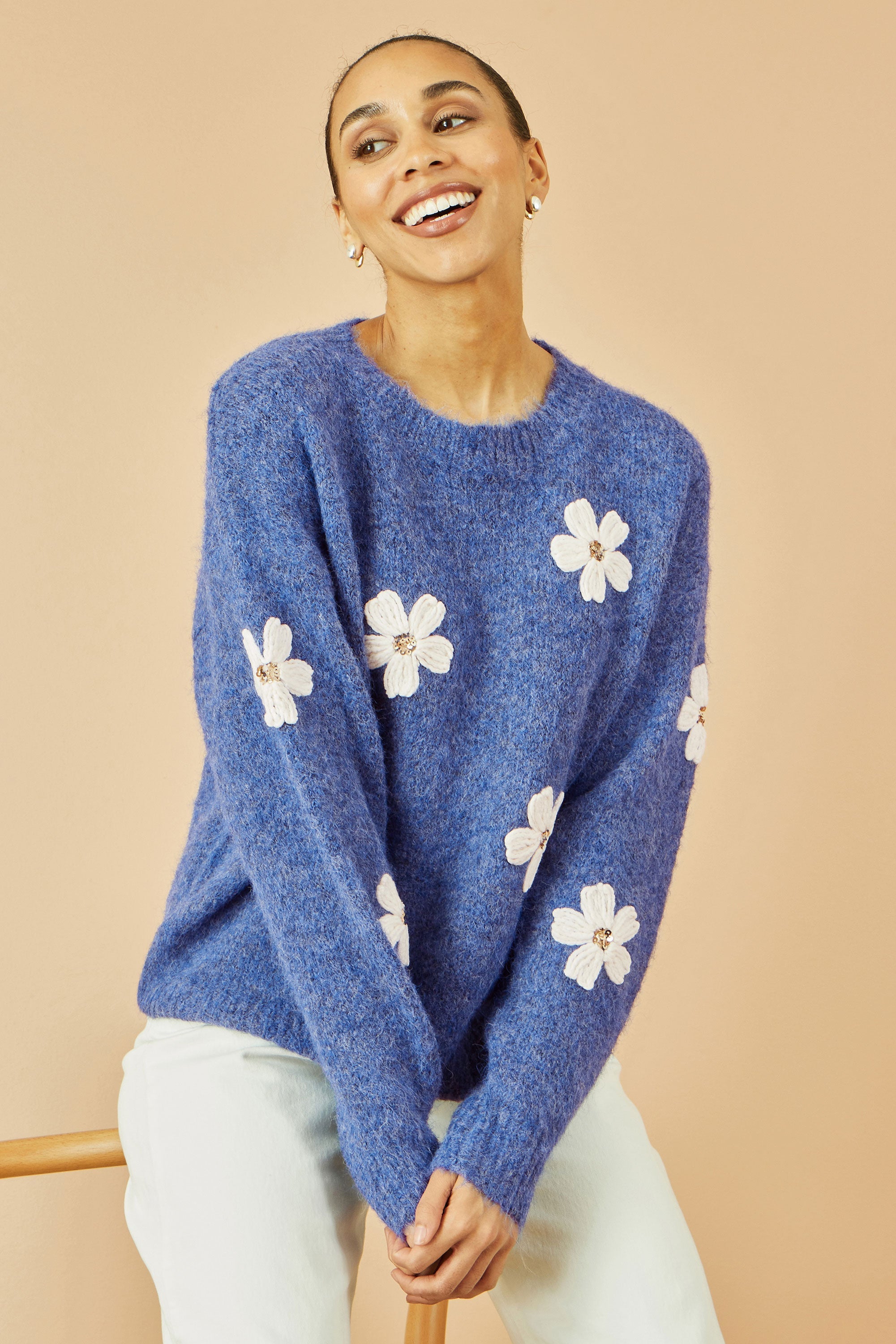 Yumi Blue Relaxed Jumper With Crochet Flowers