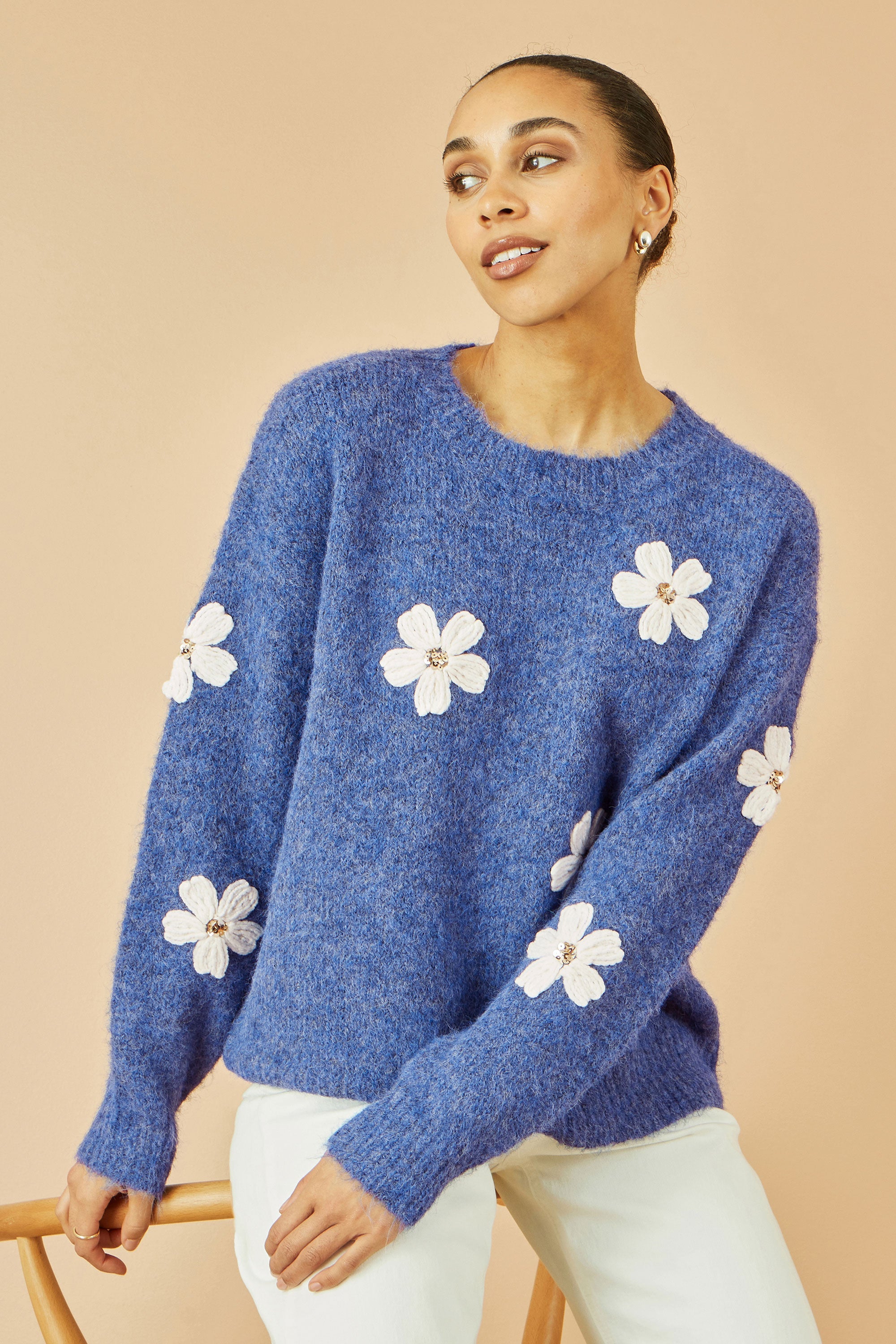 Yumi Blue Relaxed Jumper With Crochet Flowers