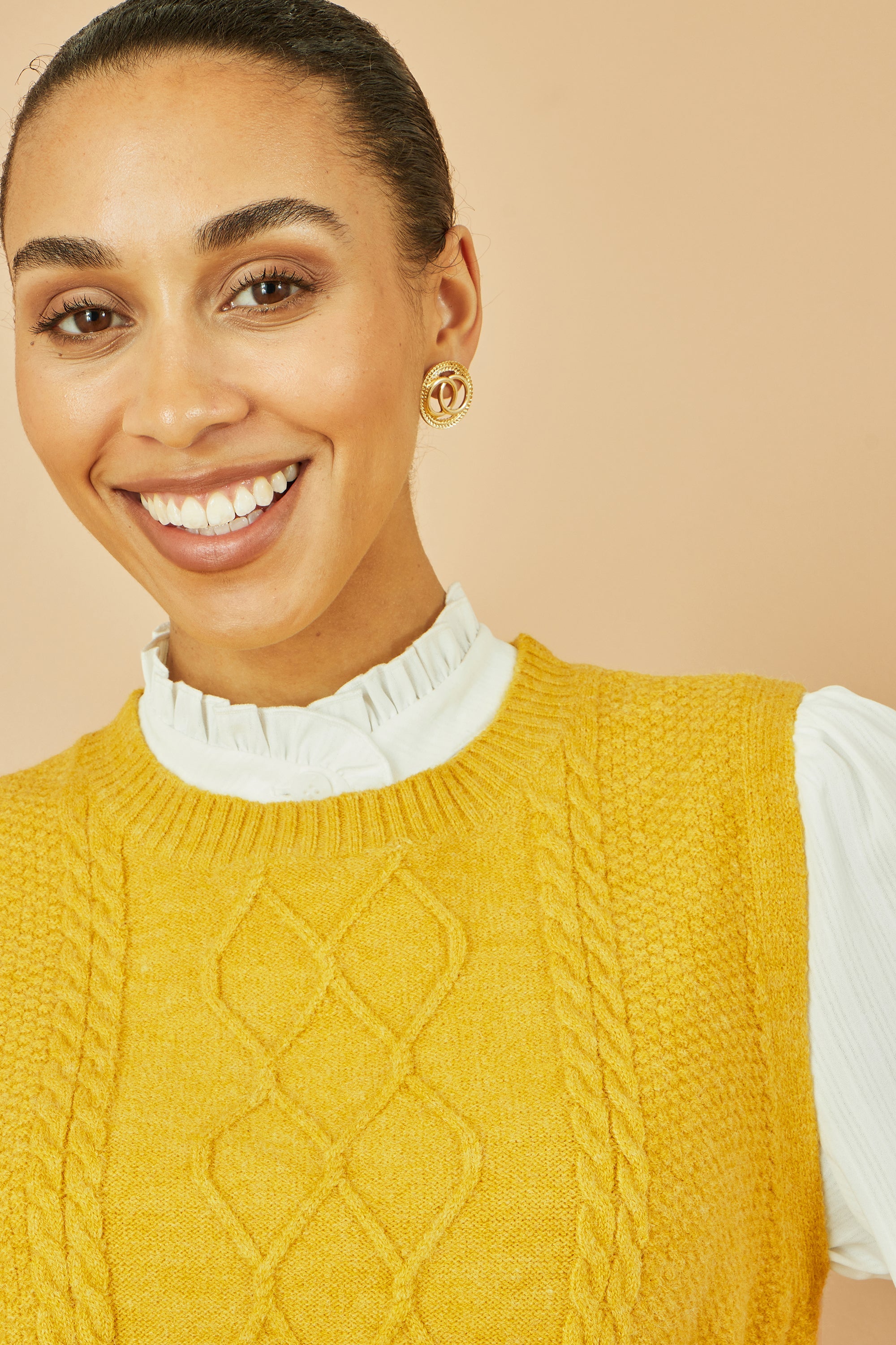 Yumi Mustard Cable Knit Sleeveless Jumper