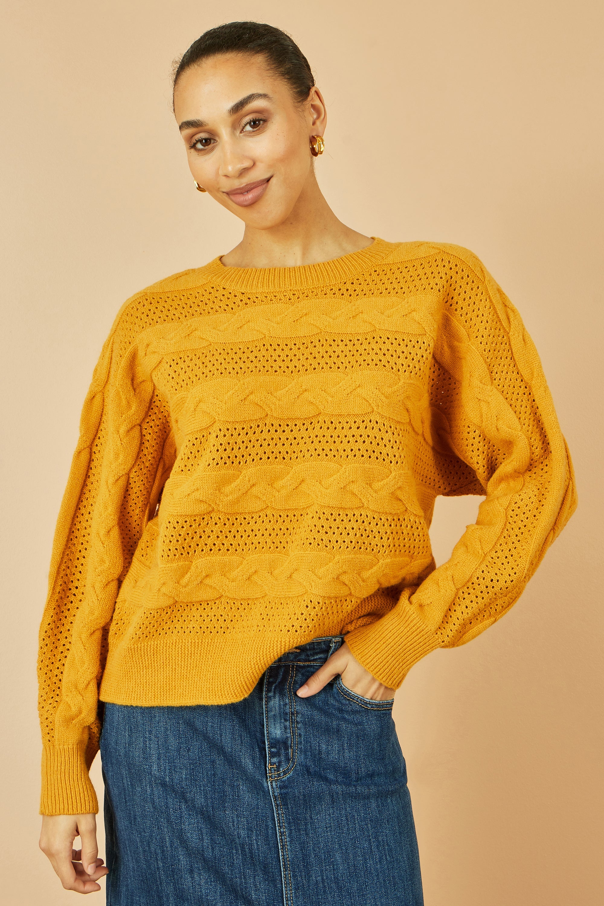 Yumi Mustard Cable Knit Relaxed Fit Jumper
