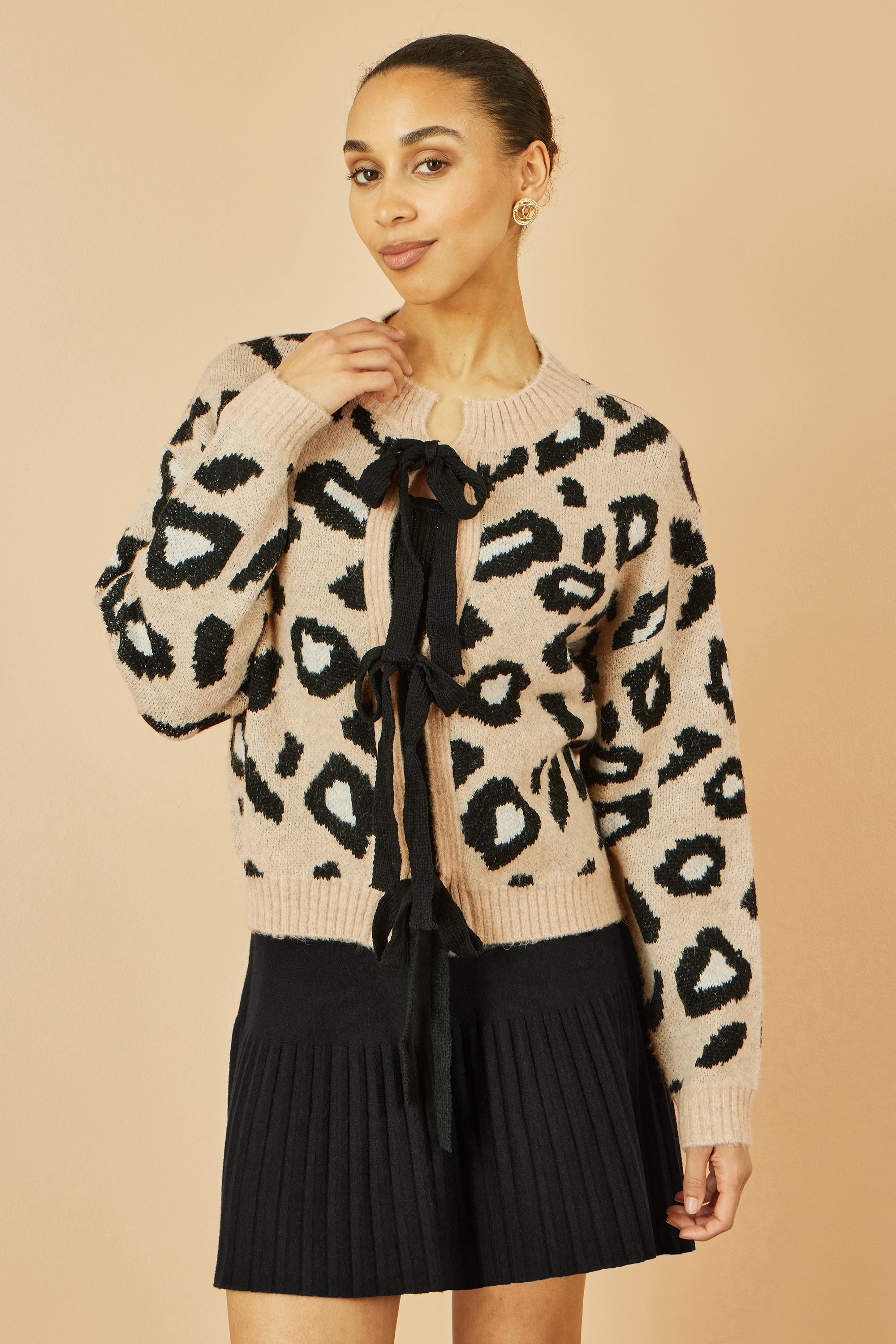 Yumi Beige Animal Print Intarsia Tie Front Cardigan