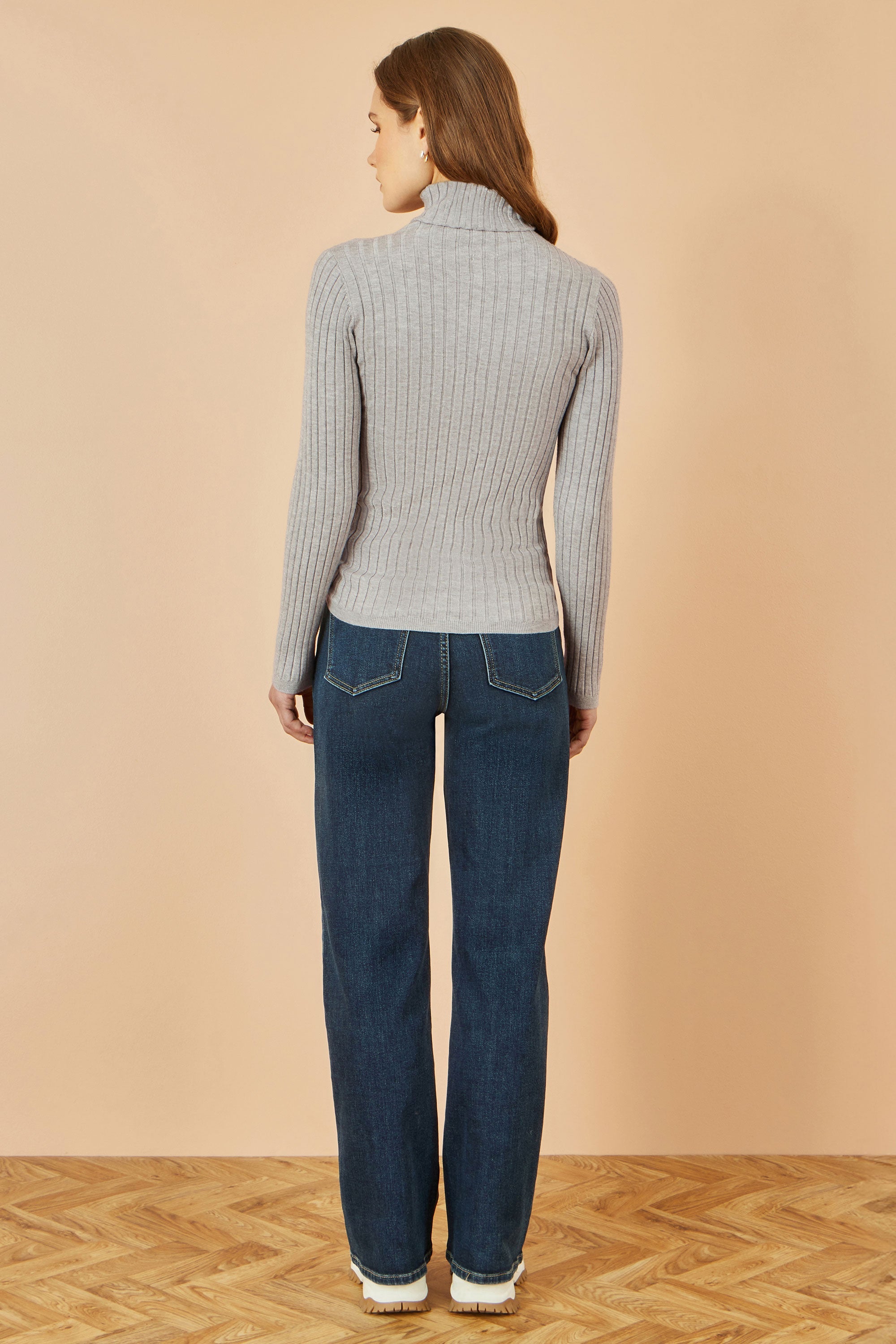 Yumi Grey Ribbed Knit Roll Neck Jumper