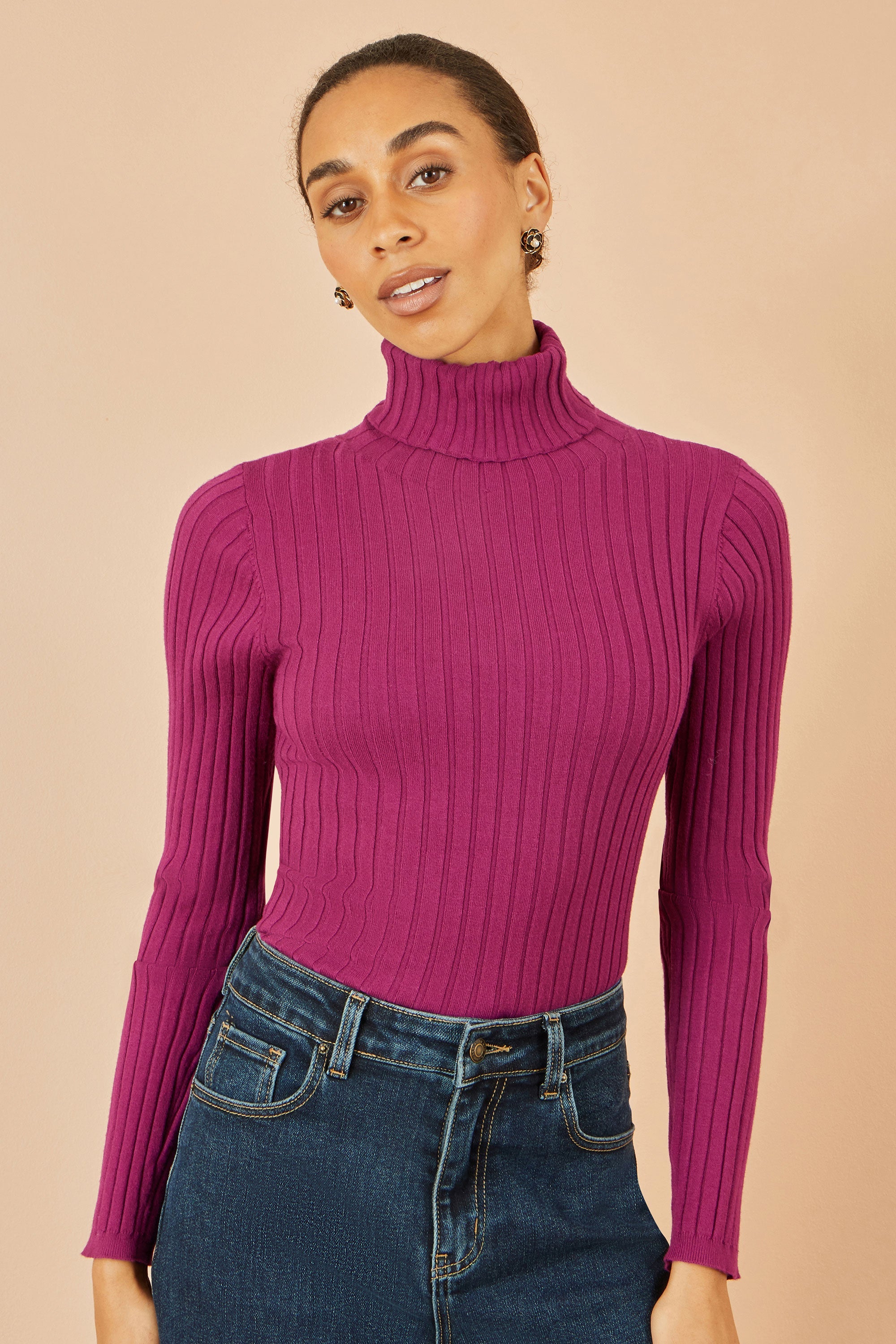 Yumi Plum Ribbed Knit Roll Neck Jumper