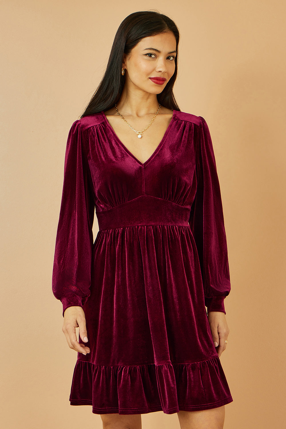 long sleeve skater dress uk Yumi Burgundy Velvet Long Sleeve Skater Dress – QHA UK