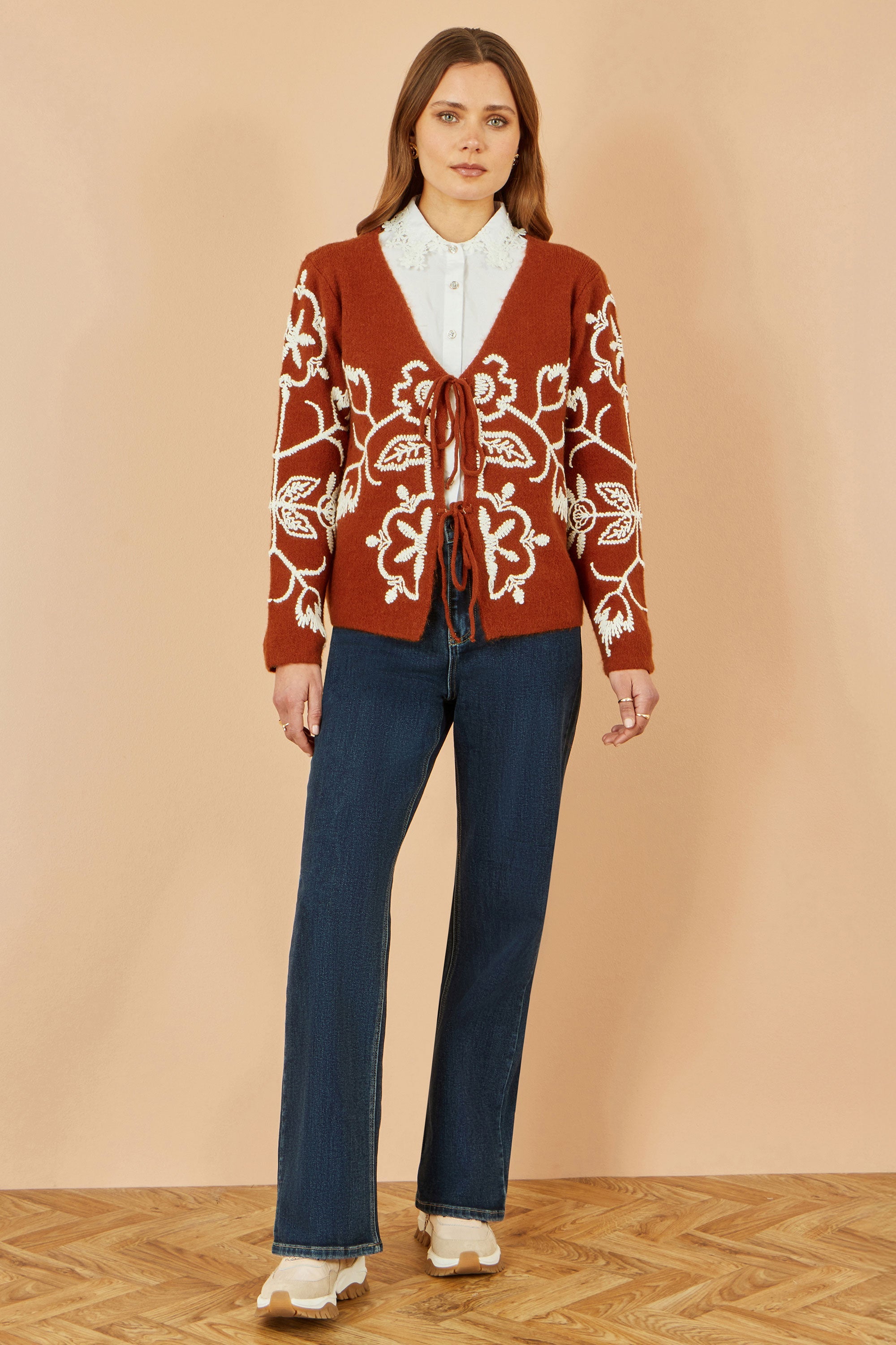Yumi Brown Folk Embroidered Tie Front Cardigan