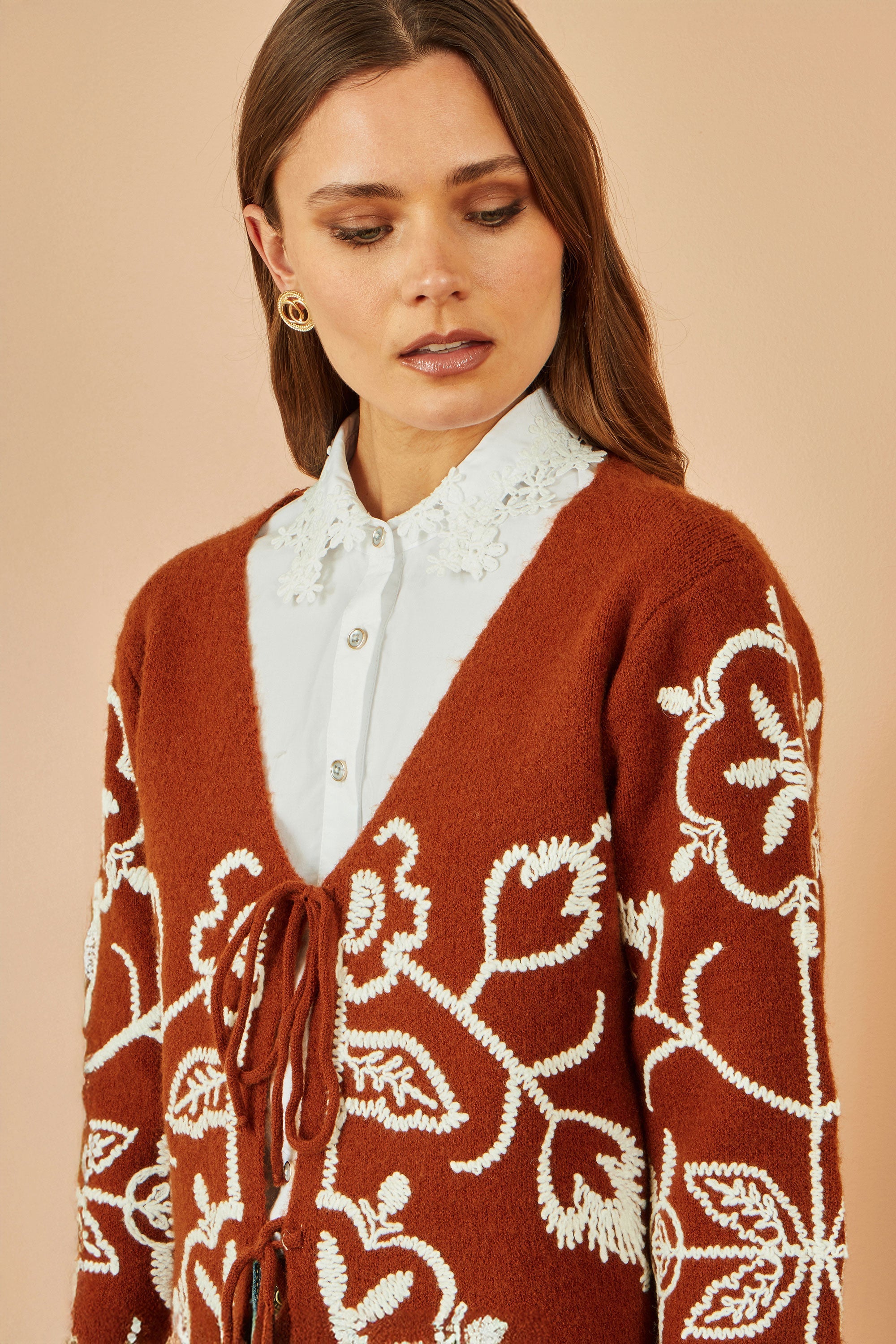 Yumi Brown Folk Embroidered Tie Front Cardigan