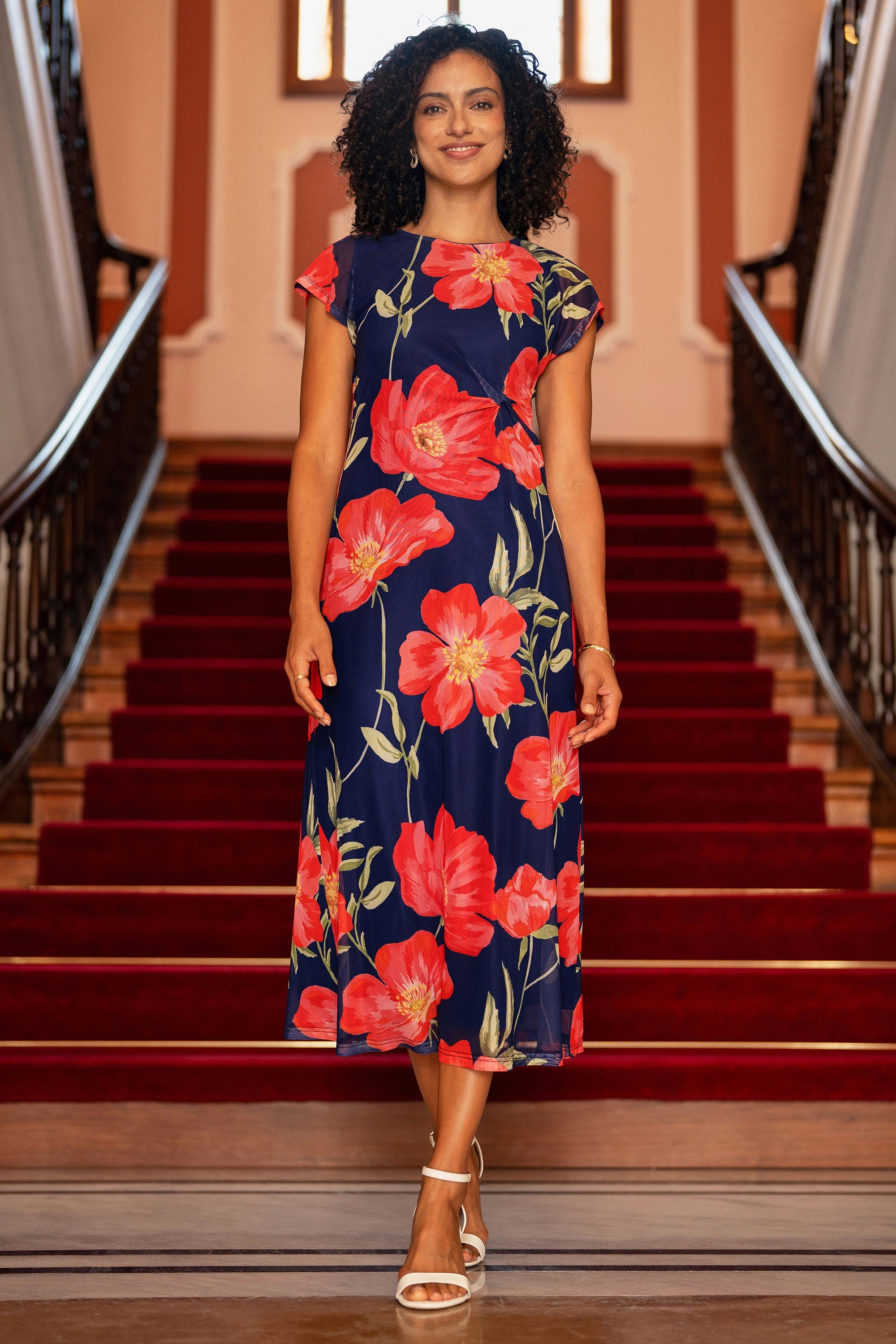 poppy mesh dress Yumi Navy Poppy Print Midi Mesh Dress – QHA UK