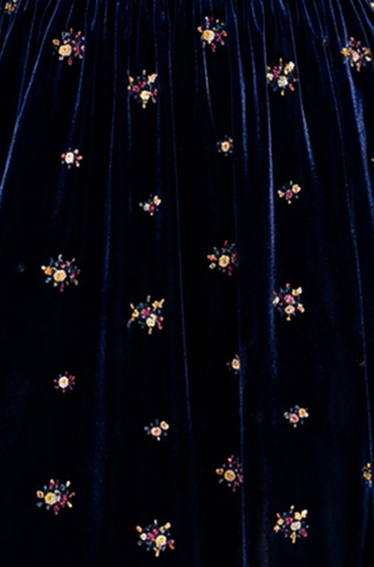 Yumi Women’s Navy Velvet Floral Embroidered Tiered Midi Dress with V-Neck