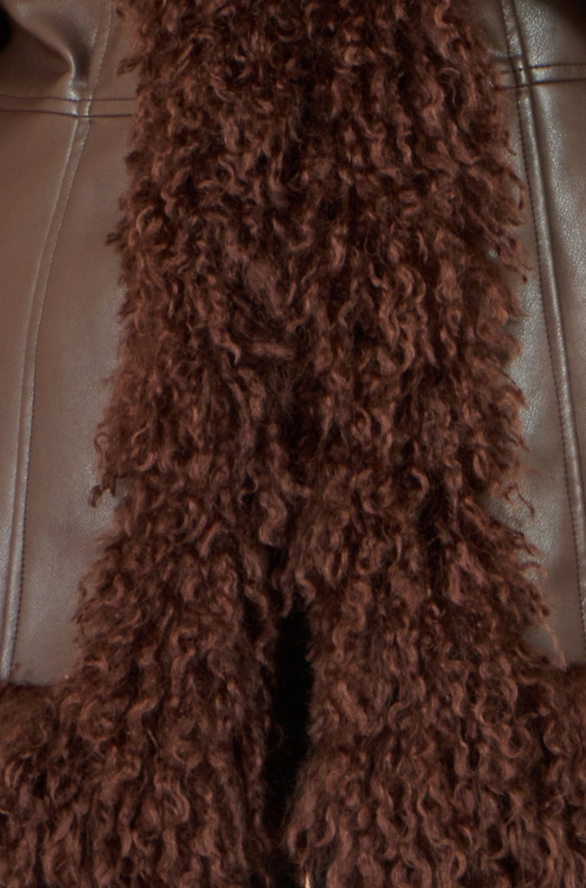 Yumi Women’s Brown Faux Leather Coat with Curly Faux Fur Collar and Trim