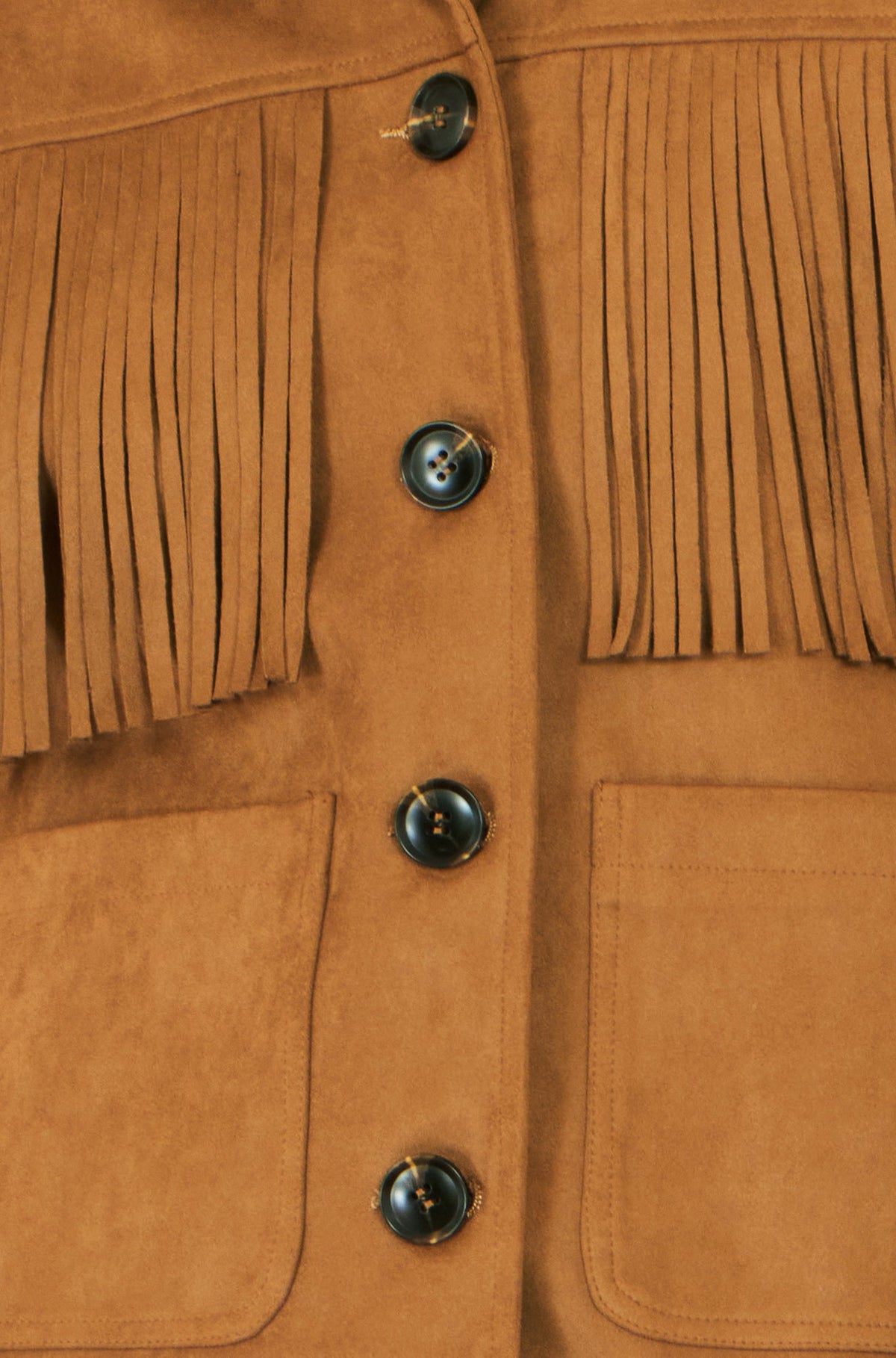Yumi Women’s Brown Faux Suede Fringe Jacket with Patch Pockets and Buttons