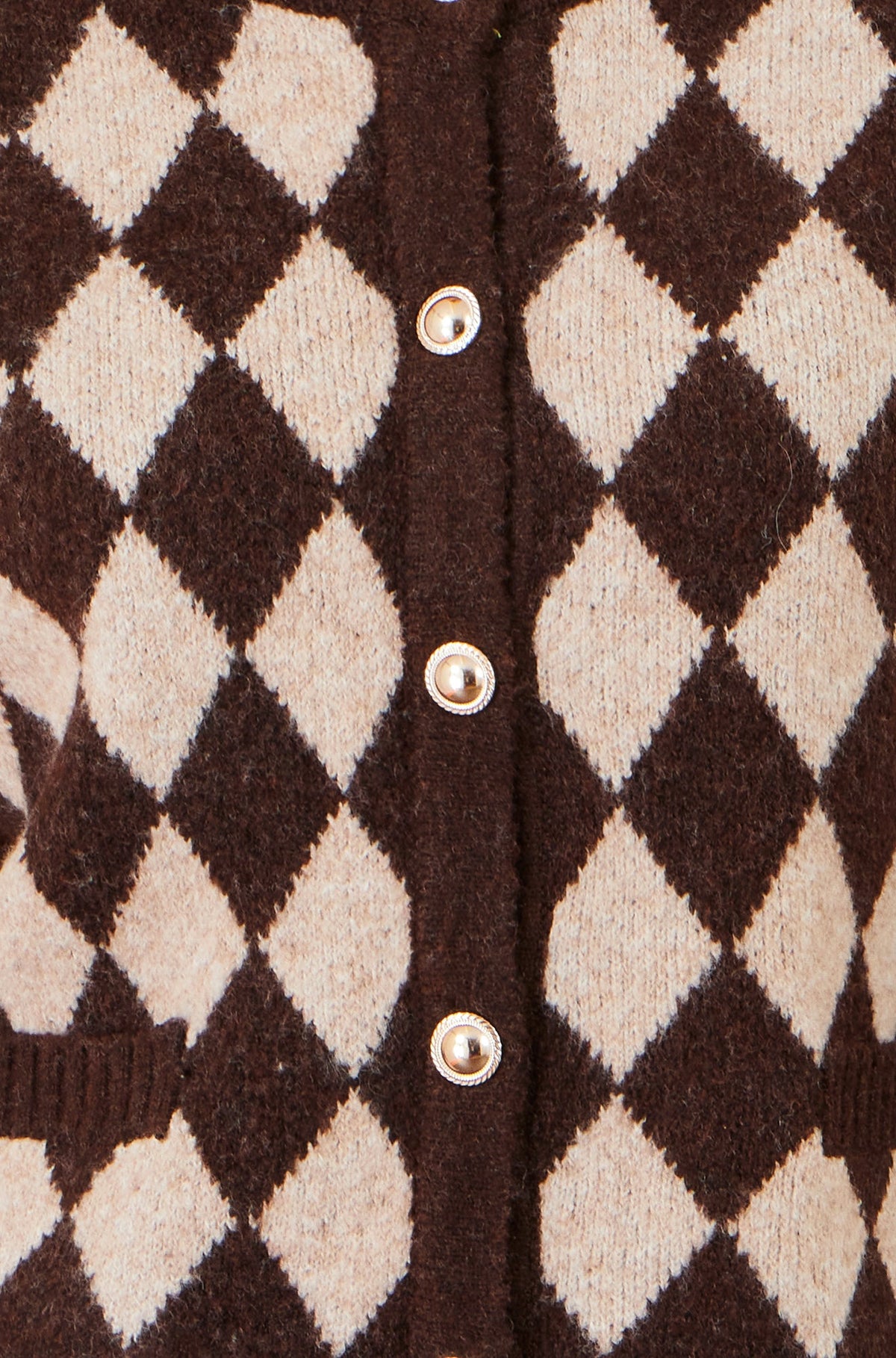 Yumi Women's Brown Argyll Knit Button-Through Crew Neck Cardigan