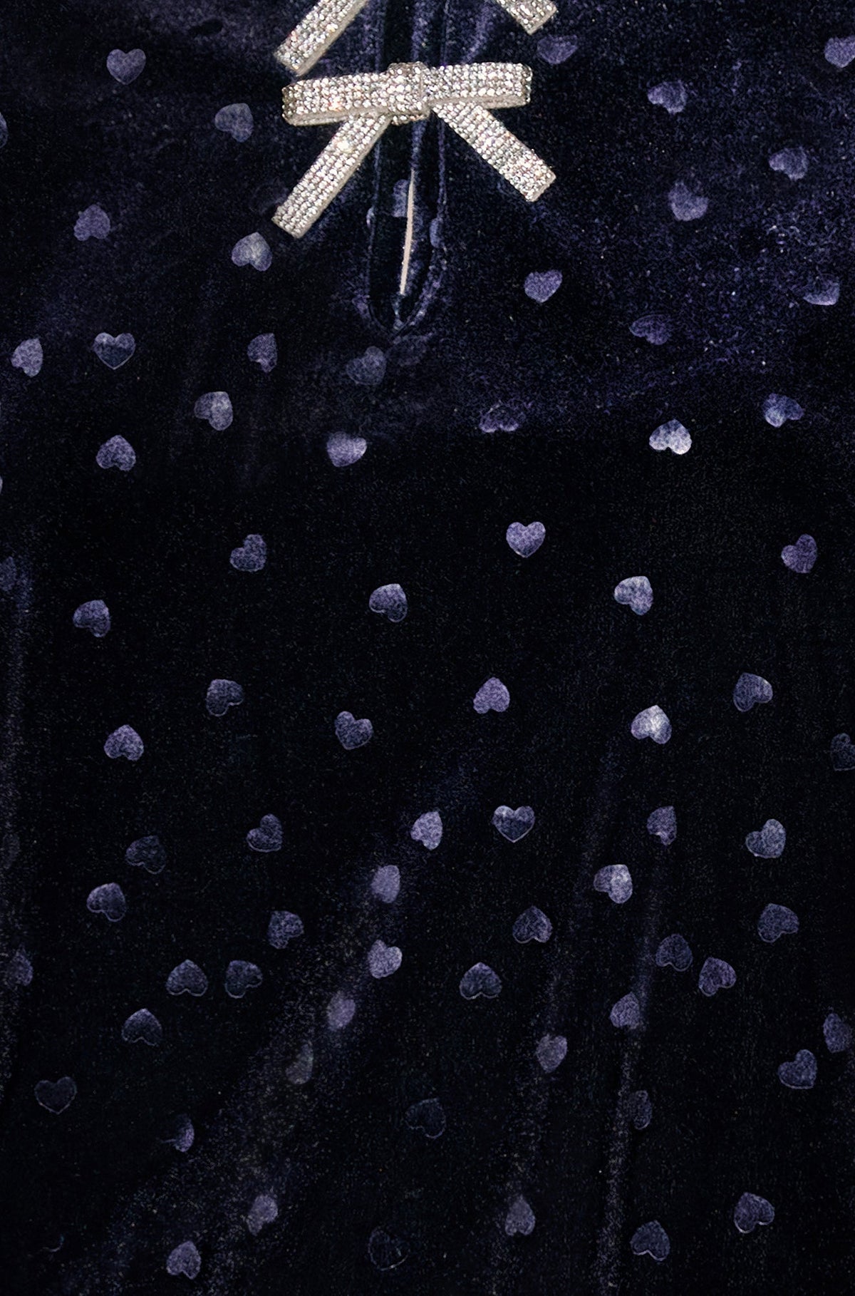Yumi Women’s Navy Velvet Flocked Heart Short Sleeve Top with Diamante Bows