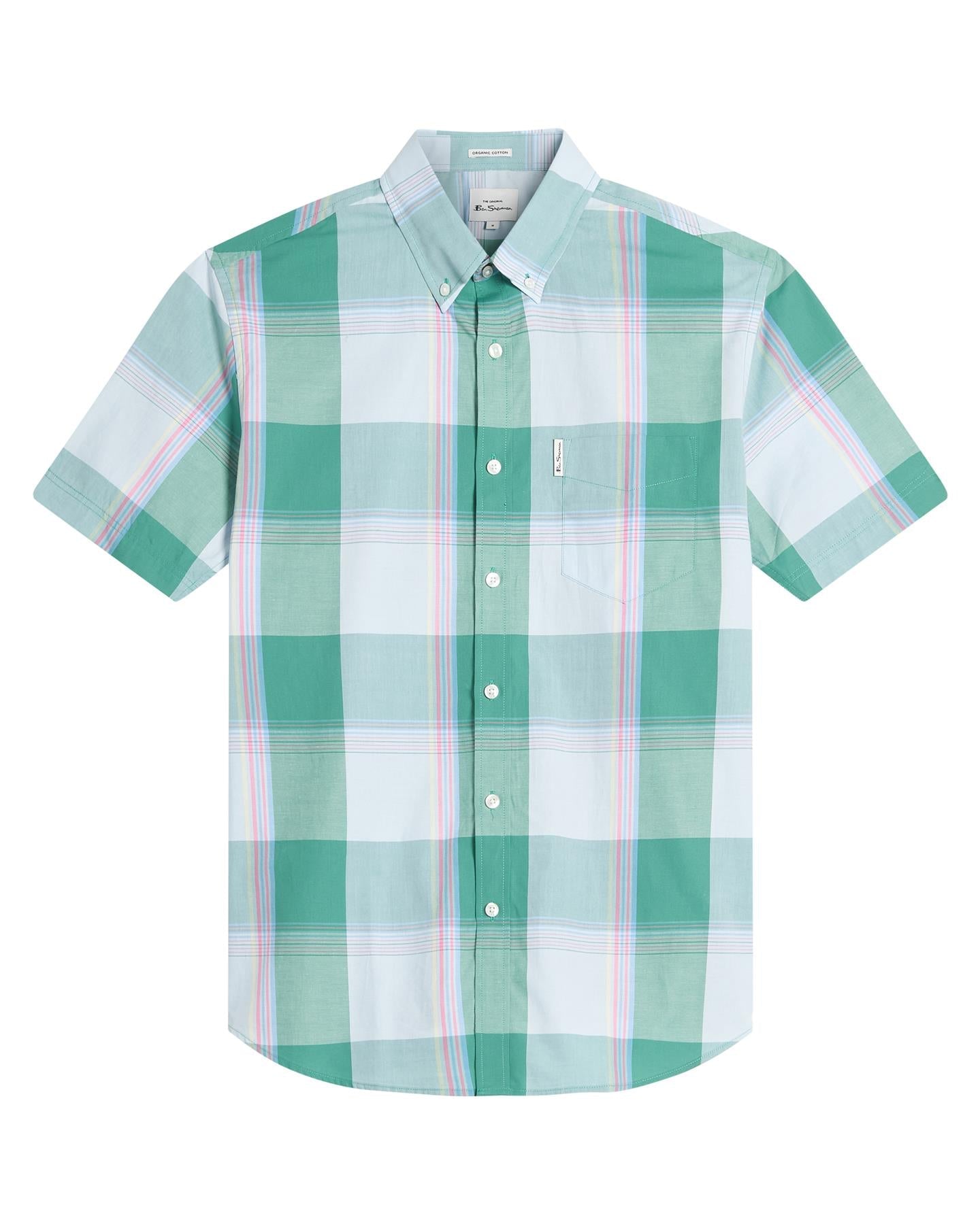 Ben Sherman Overcheck Short Sleeve Shirt For Men in Forest, 2XL-5XL