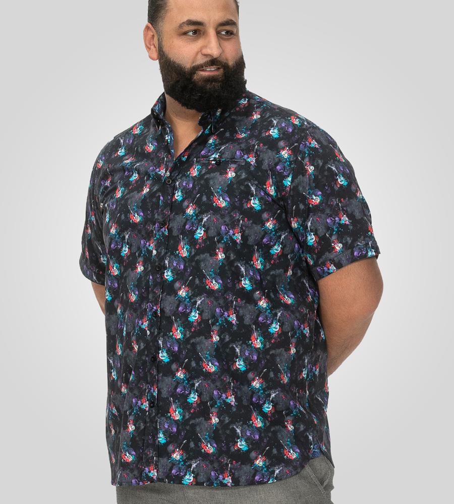 D555 FARNBOROUGH Guitar Print Short Sleeve Shirt For Men in Black, 2XL-6XL