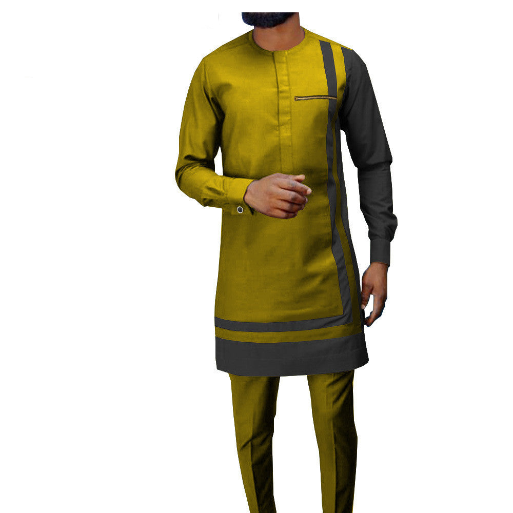 African Men's Casual Suit, Ethnic Print Modest Cotton Suit