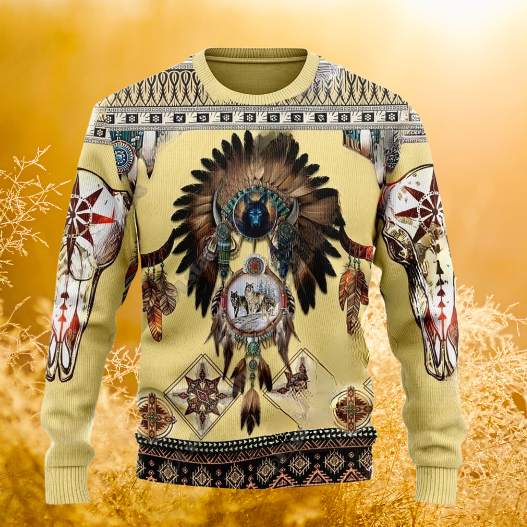 Native Indian Wolf Feather Dream Catcher Art Design Unisex Ugly Sweater (Short to Plus-Size) selection