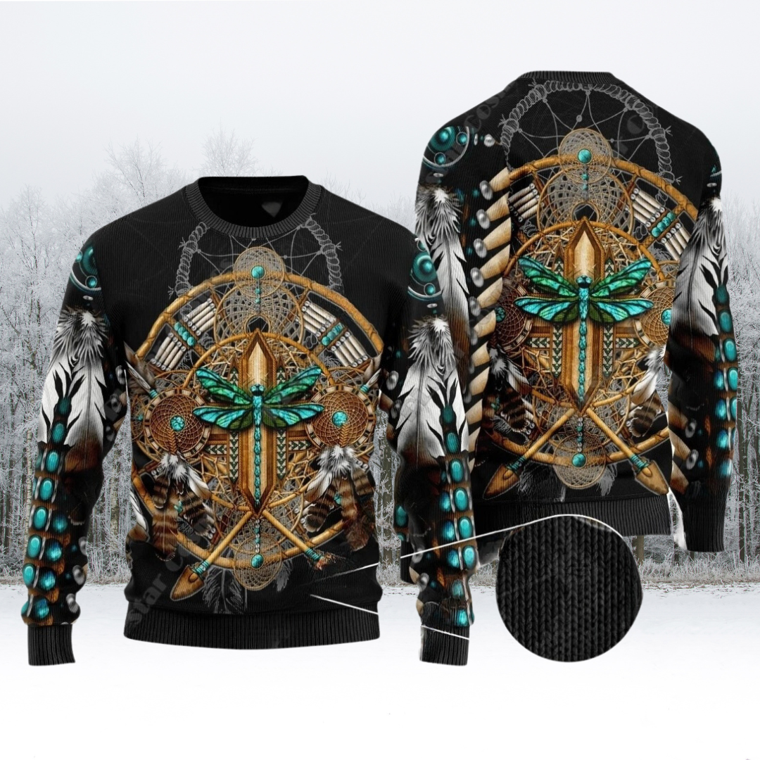 Native Indian Wolf Feather Dream Catcher Art Design Unisex Ugly Sweater (Short to Plus-Size) selection