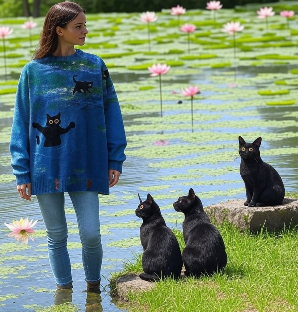 Unisex Vintage Cat Art Print Sweaters (XS-7XL)