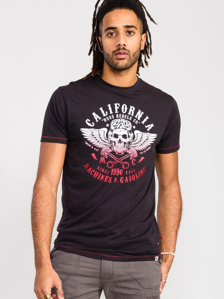 D555 Men's CHARLES California Rebel Skull Gradient Printed T-shirt in Washed Black 2XL to 5XL