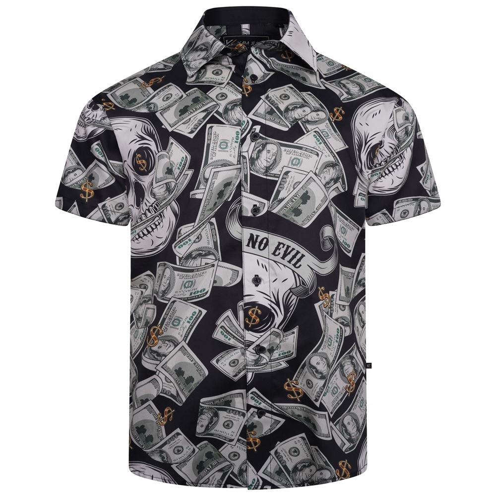 KAM Dollar Bills Print Short Sleeve Shirt For Men in Black, 2XL-8XL