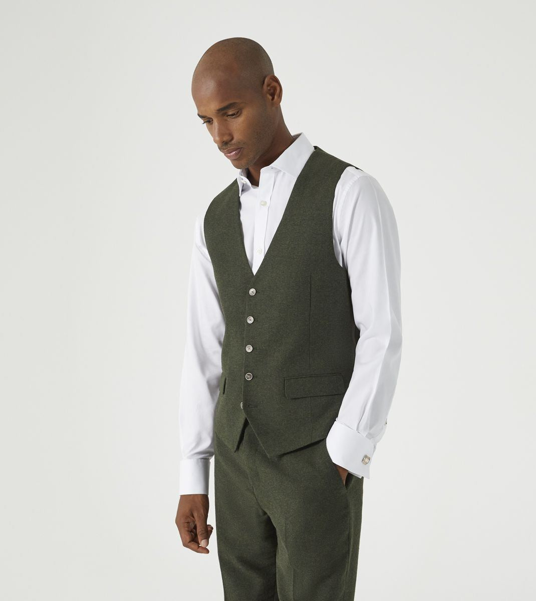 Skopes Jude Suit Waistcoat For Men in Olive Green Tweed Herringbone, 34S to 62L