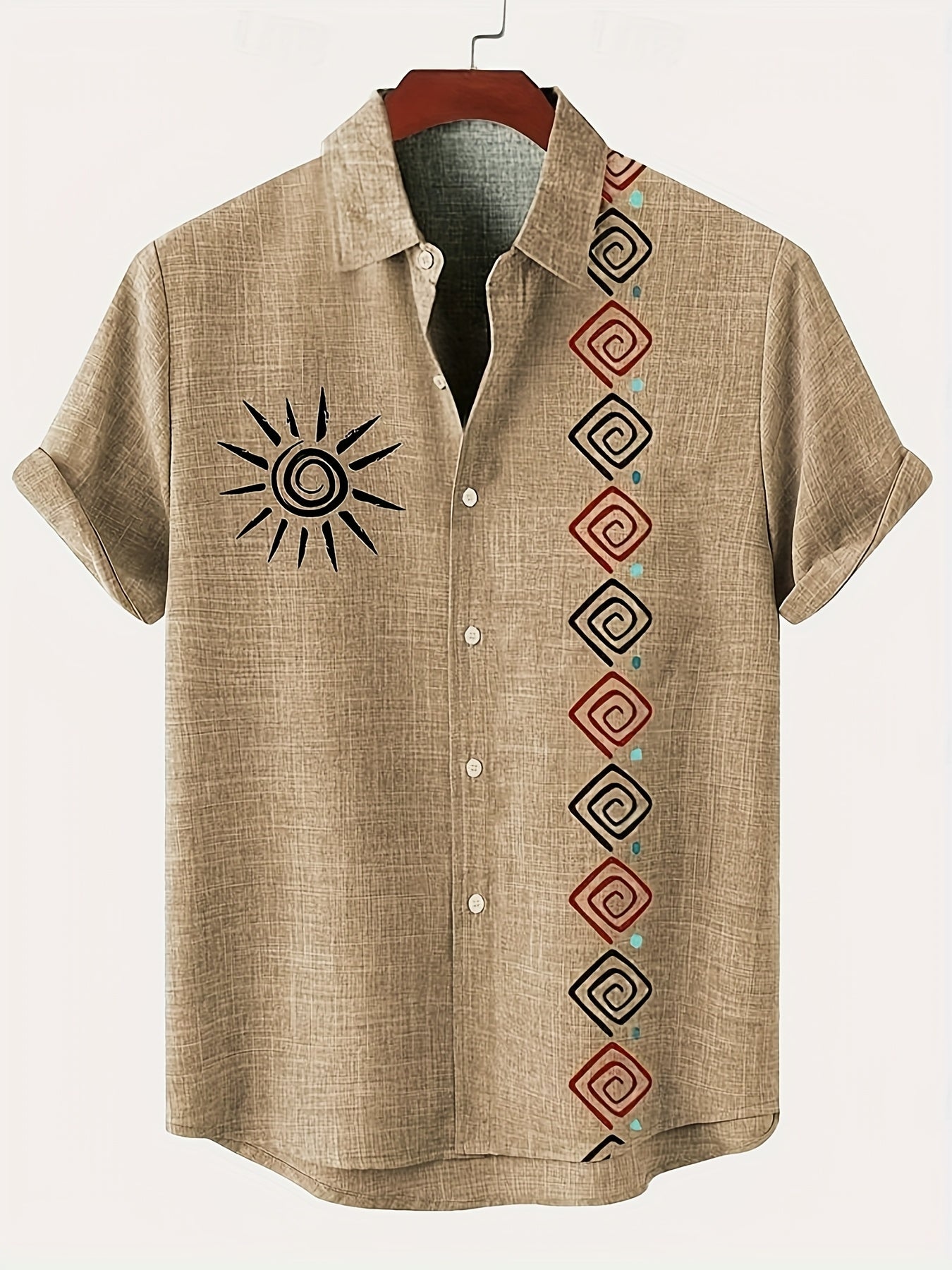 Men's Lightweight Short-Sleeve Linen-Look Shirt with Tribal Geometric Pattern