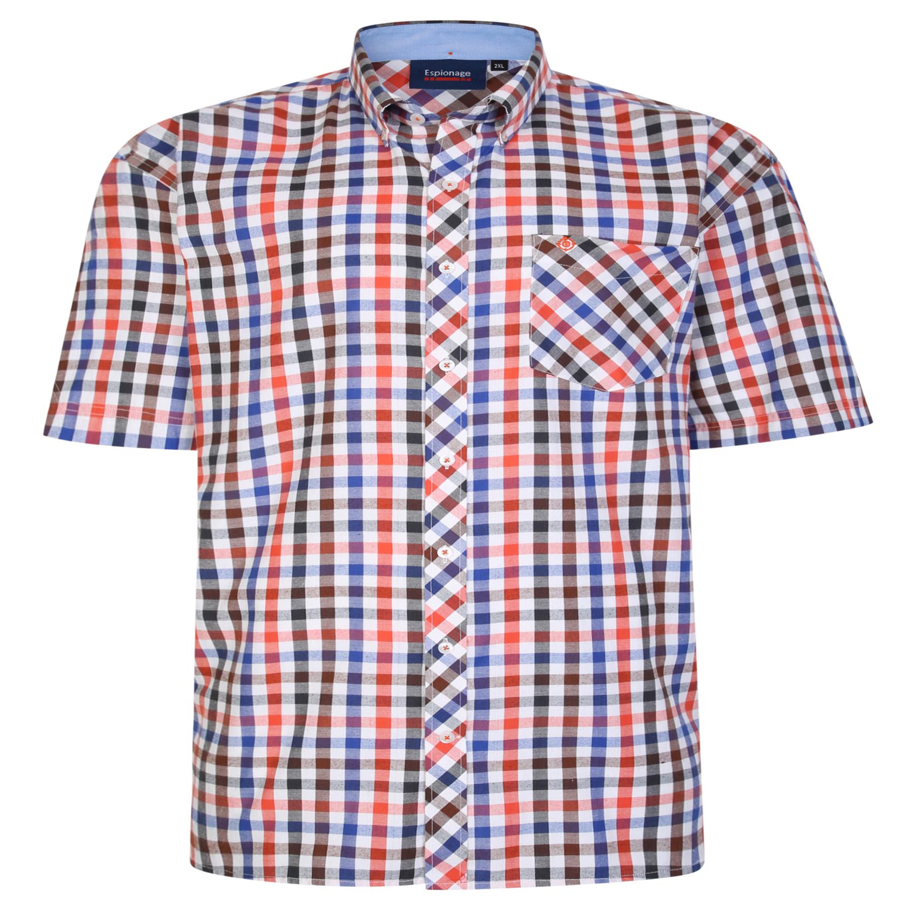 Espionage Men's Plus Size Poly cotton Short Sleeve Check Shirt in Royal Brown 2XL to 8XL