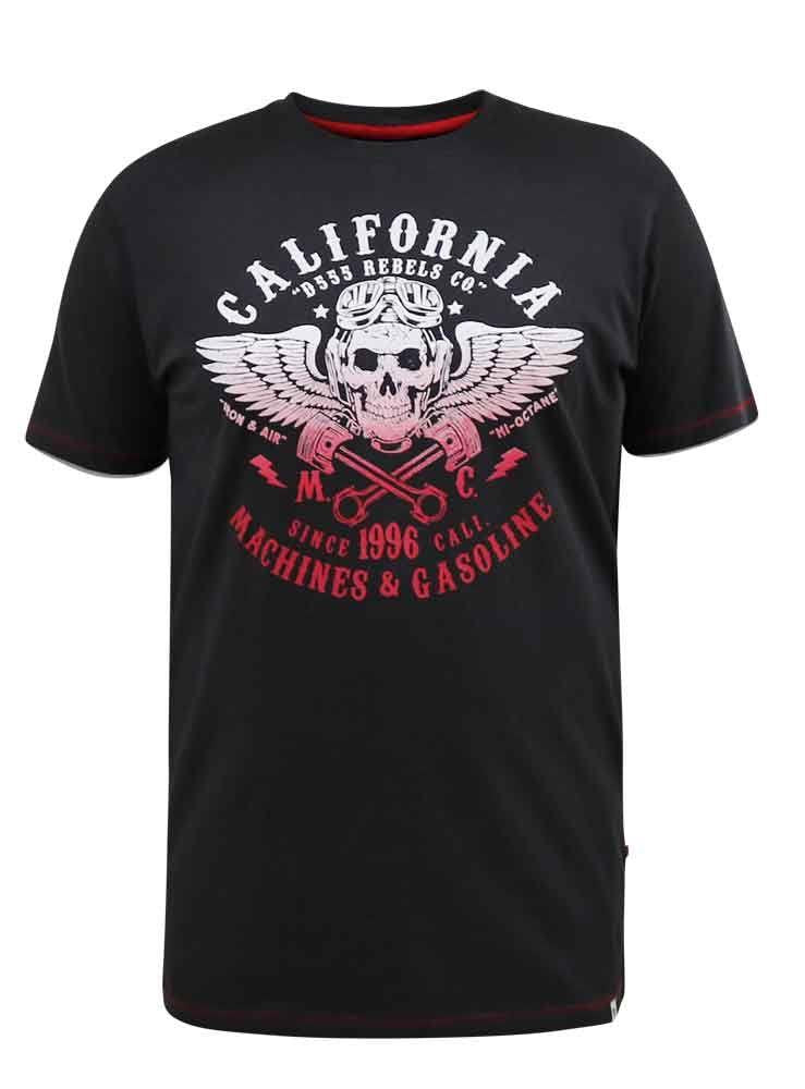 D555 Men's CHARLES California Rebel Skull Gradient Printed T-shirt in Washed Black 2XL to 5XL