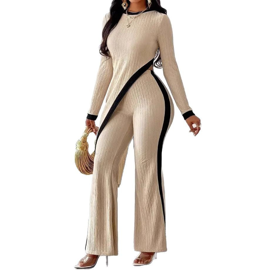 Women’s Long Sleeve Side Slit Top & Trousers Two-Piece Lounge Set