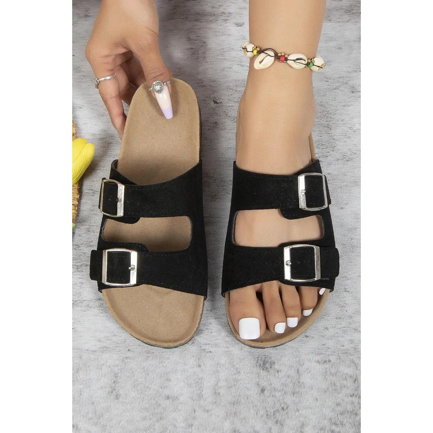 Soft Footbed Buckle Slider Sandals – Black