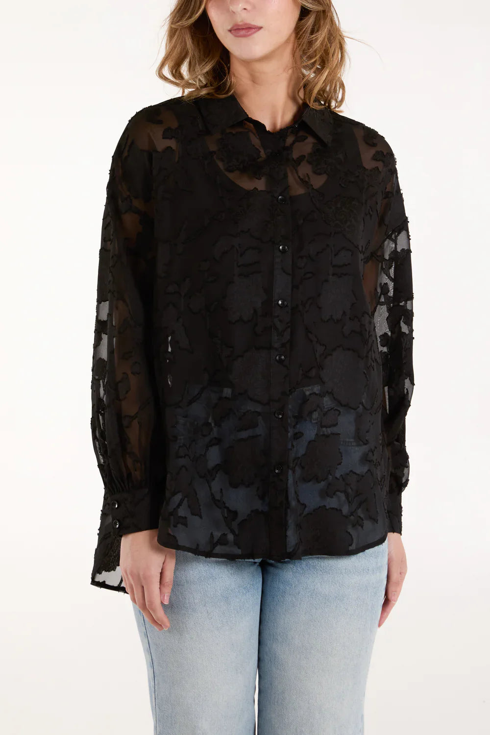 QED London - Sheer Black Floral Print Shirt