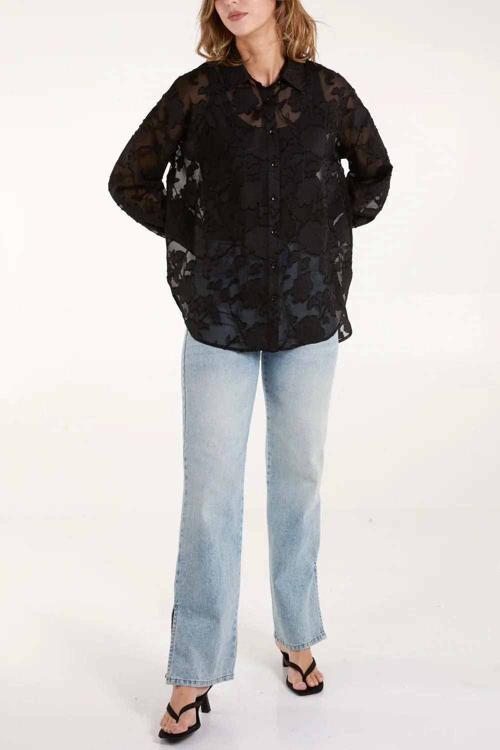 QED London - Sheer Black Floral Print Shirt