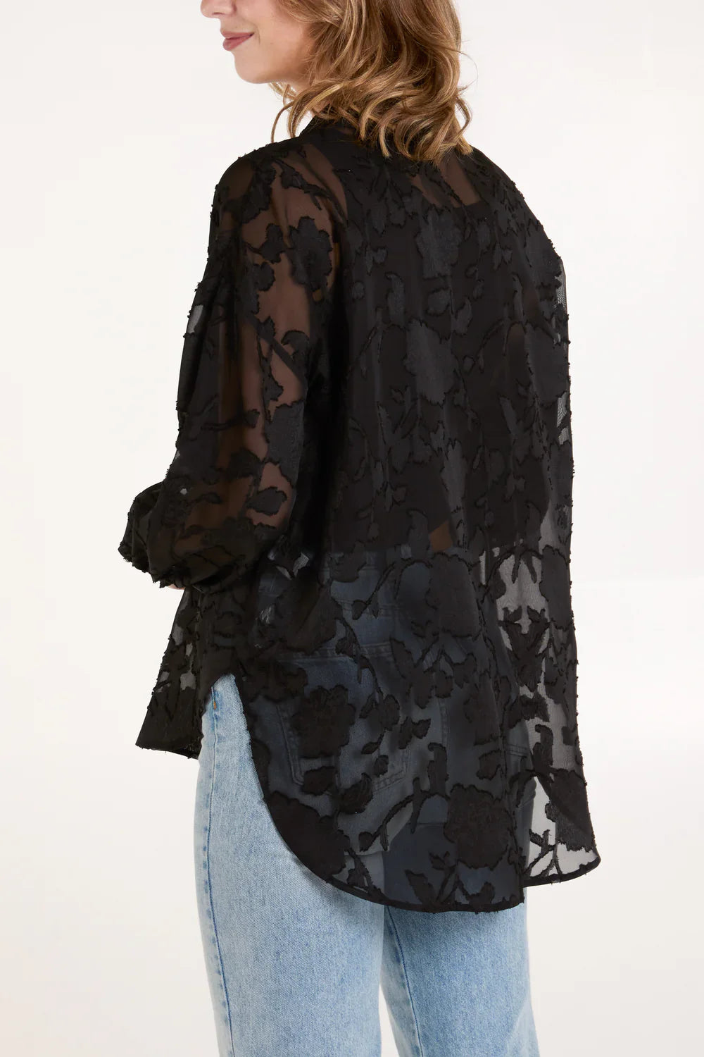 QED London - Sheer Black Floral Print Shirt