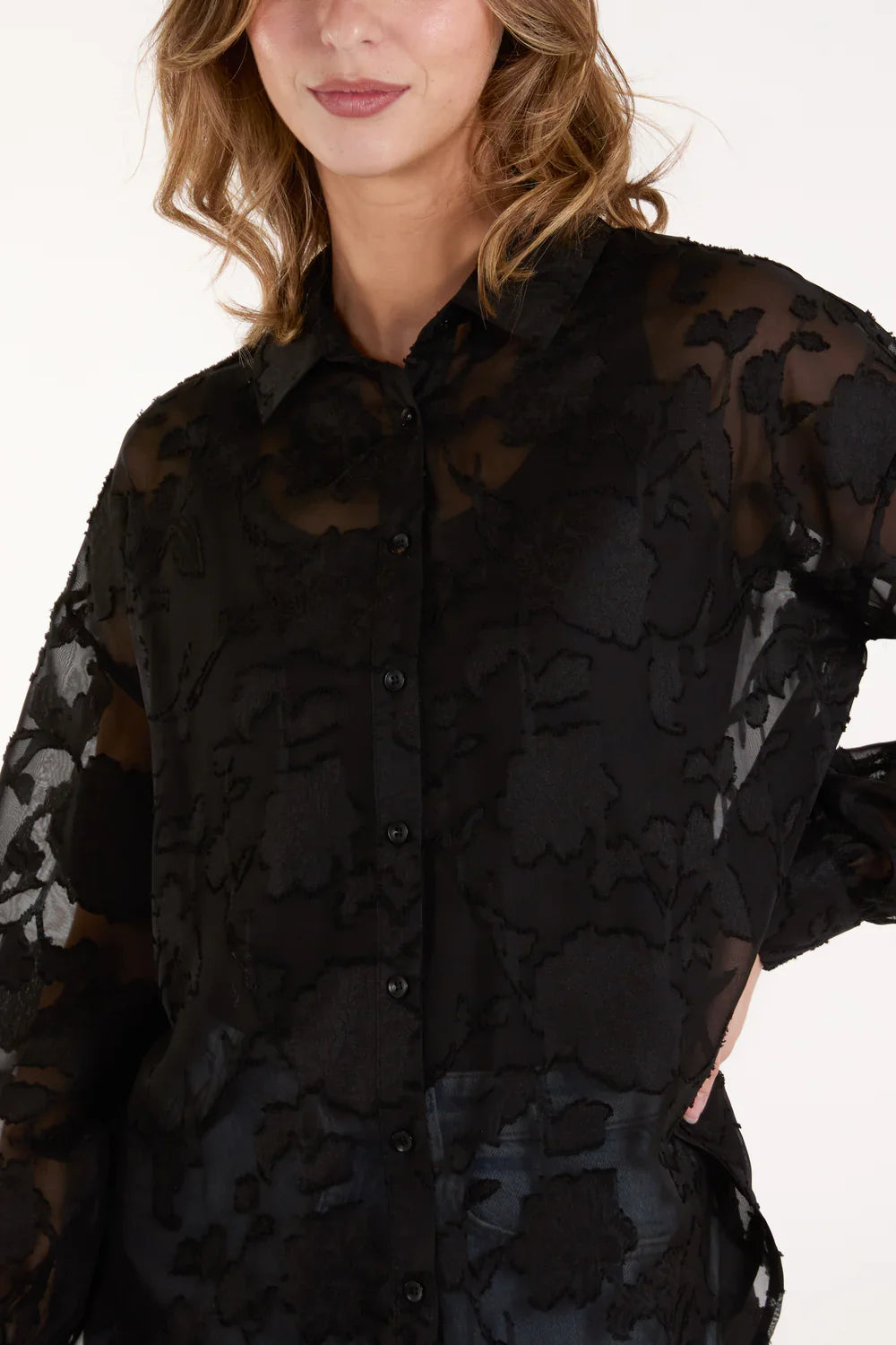 QED London - Sheer Black Floral Print Shirt