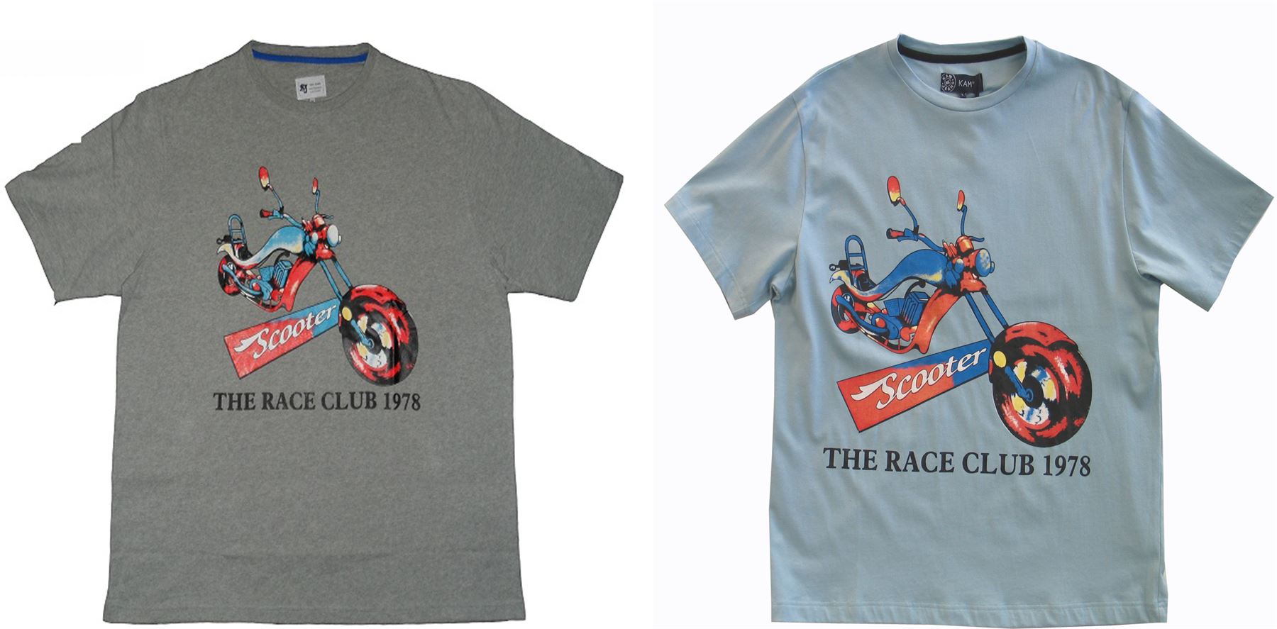 KAM PURE COTTON CREW NECK PRINTED TEE SHIRT "THE RACE CLUB 1978" IN SIZE 2XL TO 8XL, OCEAN BLUE AND GREY