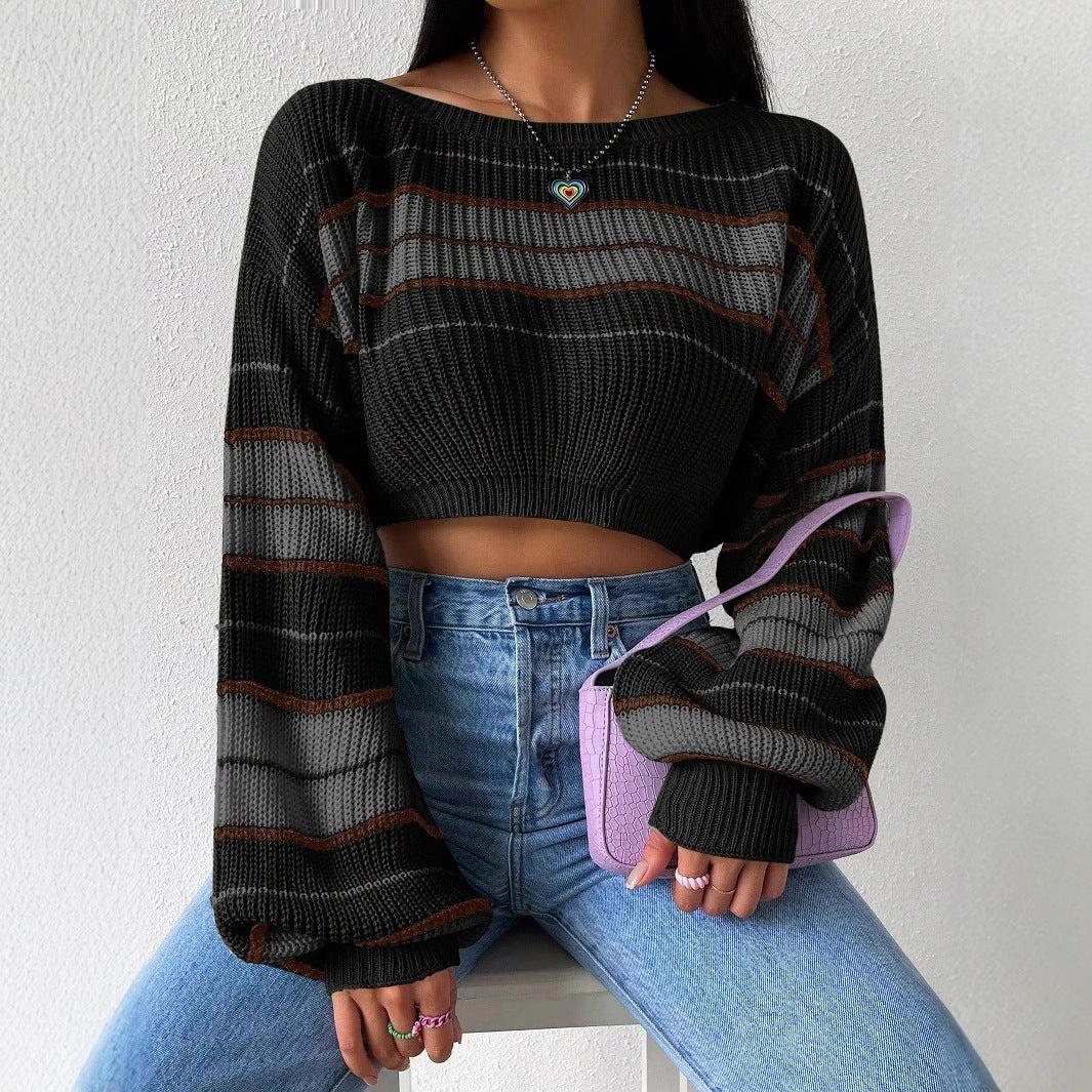 Knitted Contrast Color Striped Loose All-match Long Sleeve