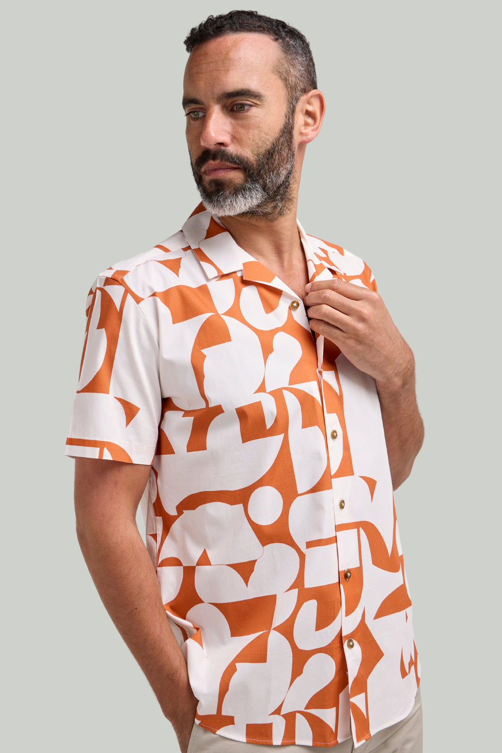 Double TWO Geo Print Short Sleeve Shirt For Men in Orange, M-5XL