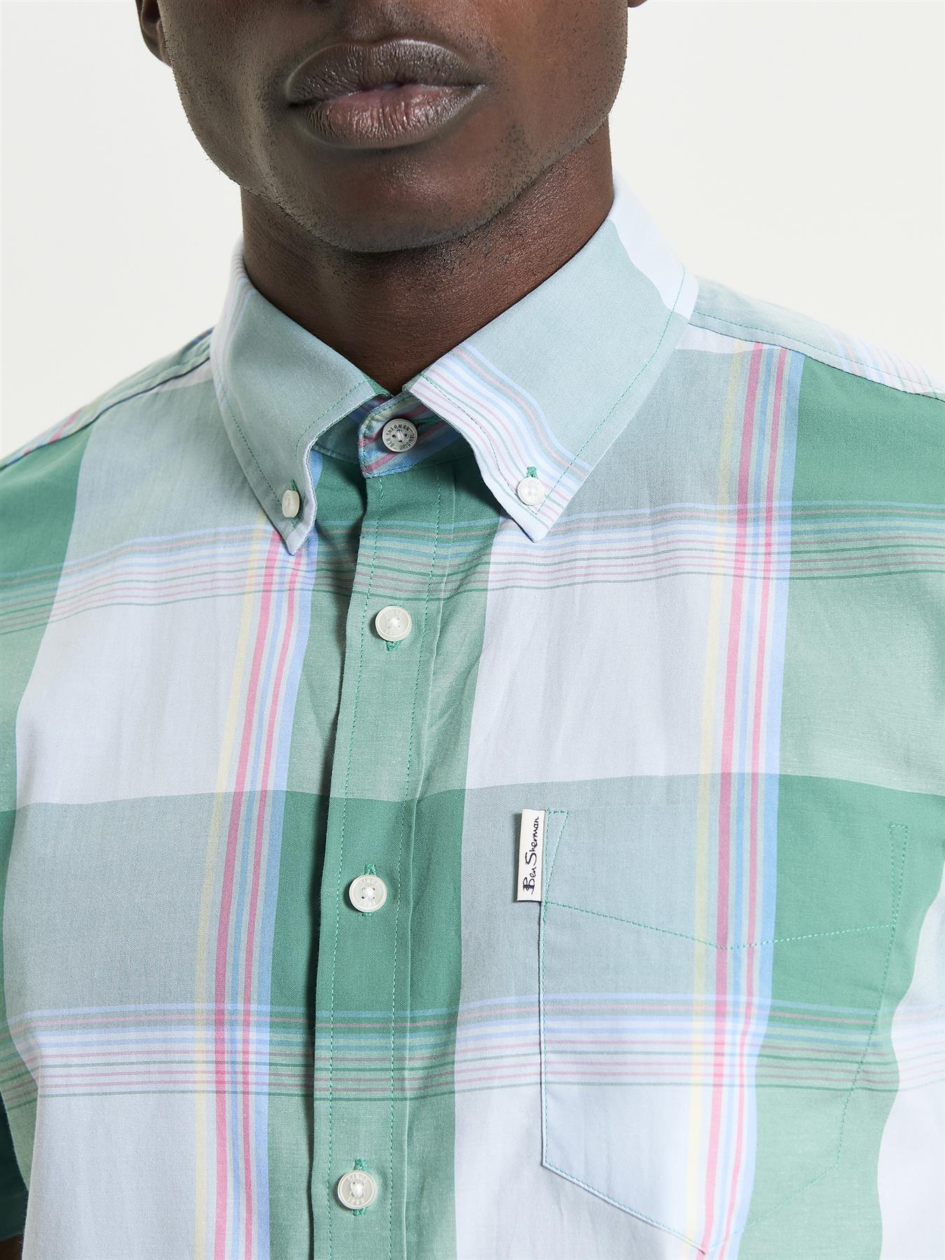 Ben Sherman Overcheck Short Sleeve Shirt For Men in Forest, 2XL-5XL