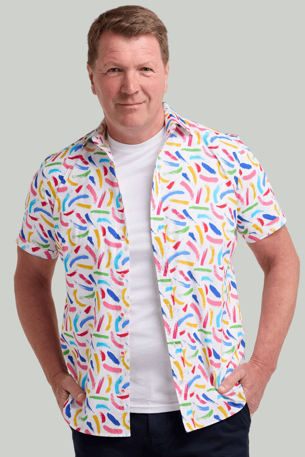 Double TWO Candy Brush Stroke Print Short Sleeve Shirt For Men in Multi, M-5XL