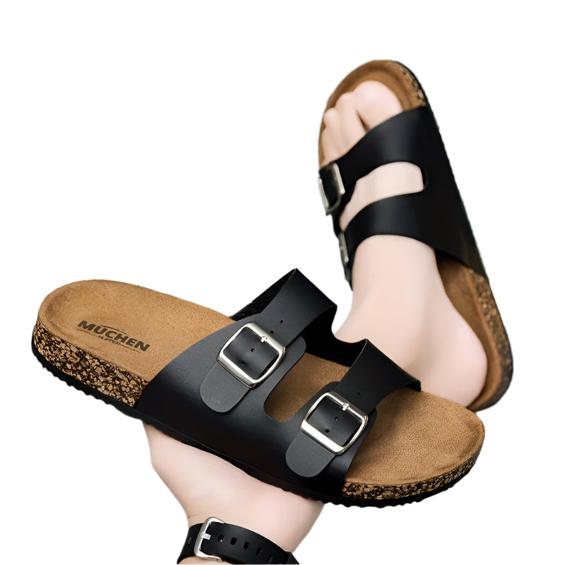 Casual Striped PU Cover Sandals with Adjustable Ankle Straps & Metallic Buckles